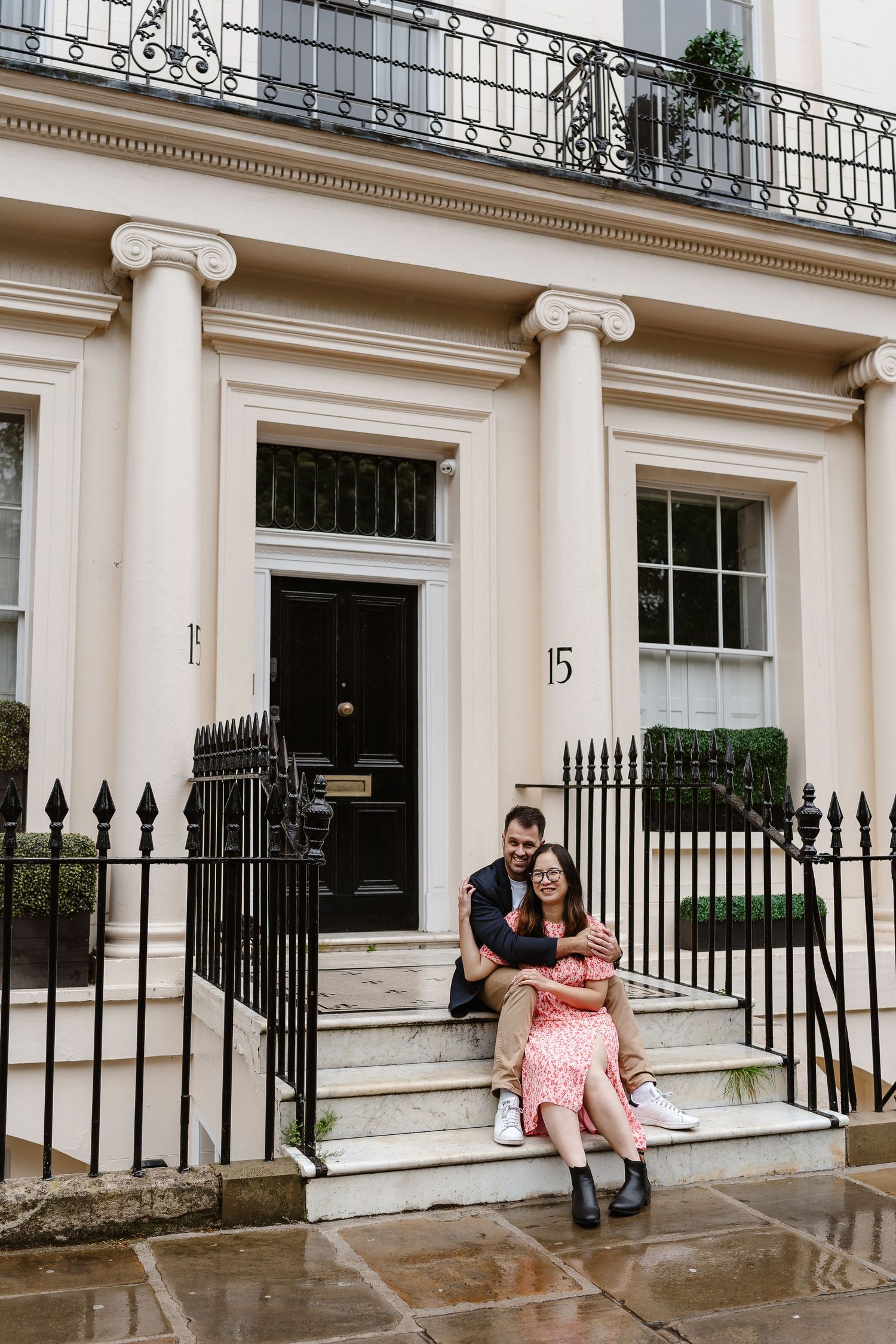 Alitha & James in Londons iconic park crescent luxury in Spring for their exciting Engagement / Pre-Wedding photoshoot engagement ring