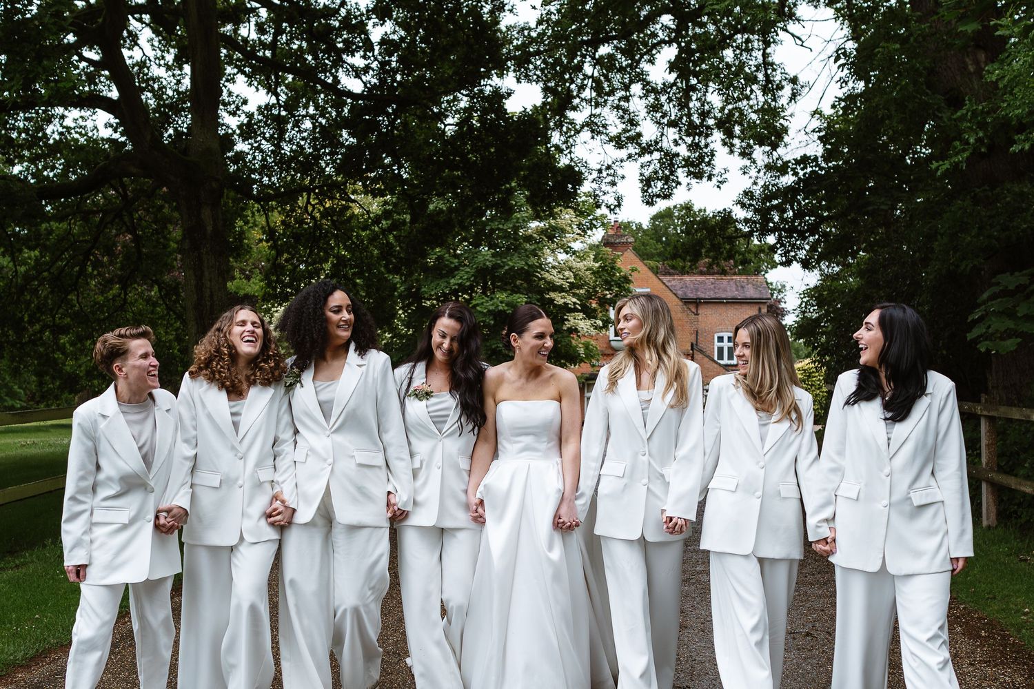 Bridesmaids in white suits / Friends forever sharing this special day. Enjoying every moment of Wedding Day in Norfolk