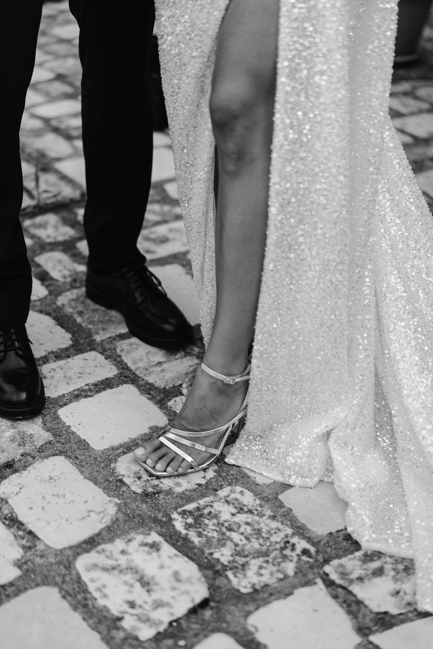 High heeled open toed sandals. high leg split wedding dress Matera wedding photographer