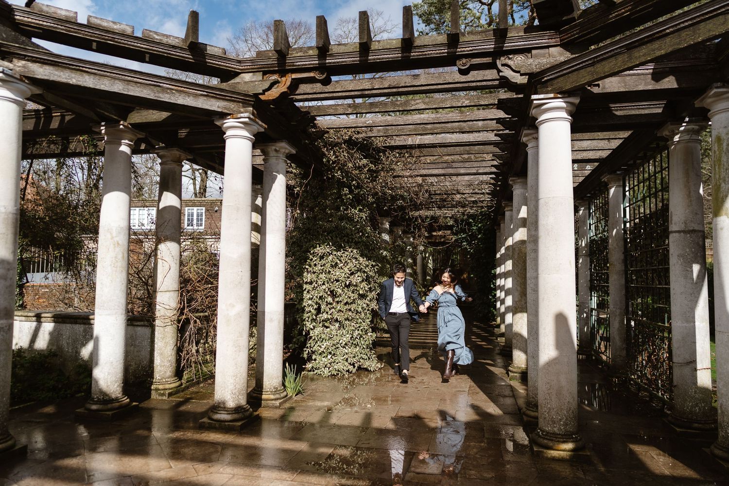 A relaxing stroll and chat through the puddles pergola Hampstead Heath London venue photographer