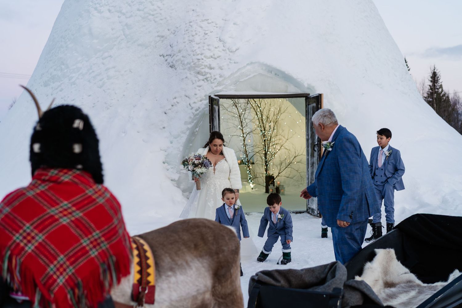 Sami and Reindeer at luxury wedding venue in Lapland. Eloping in Lapland. Marry in Lapland. Unique Wedding Experience in Lapland. Photograph
