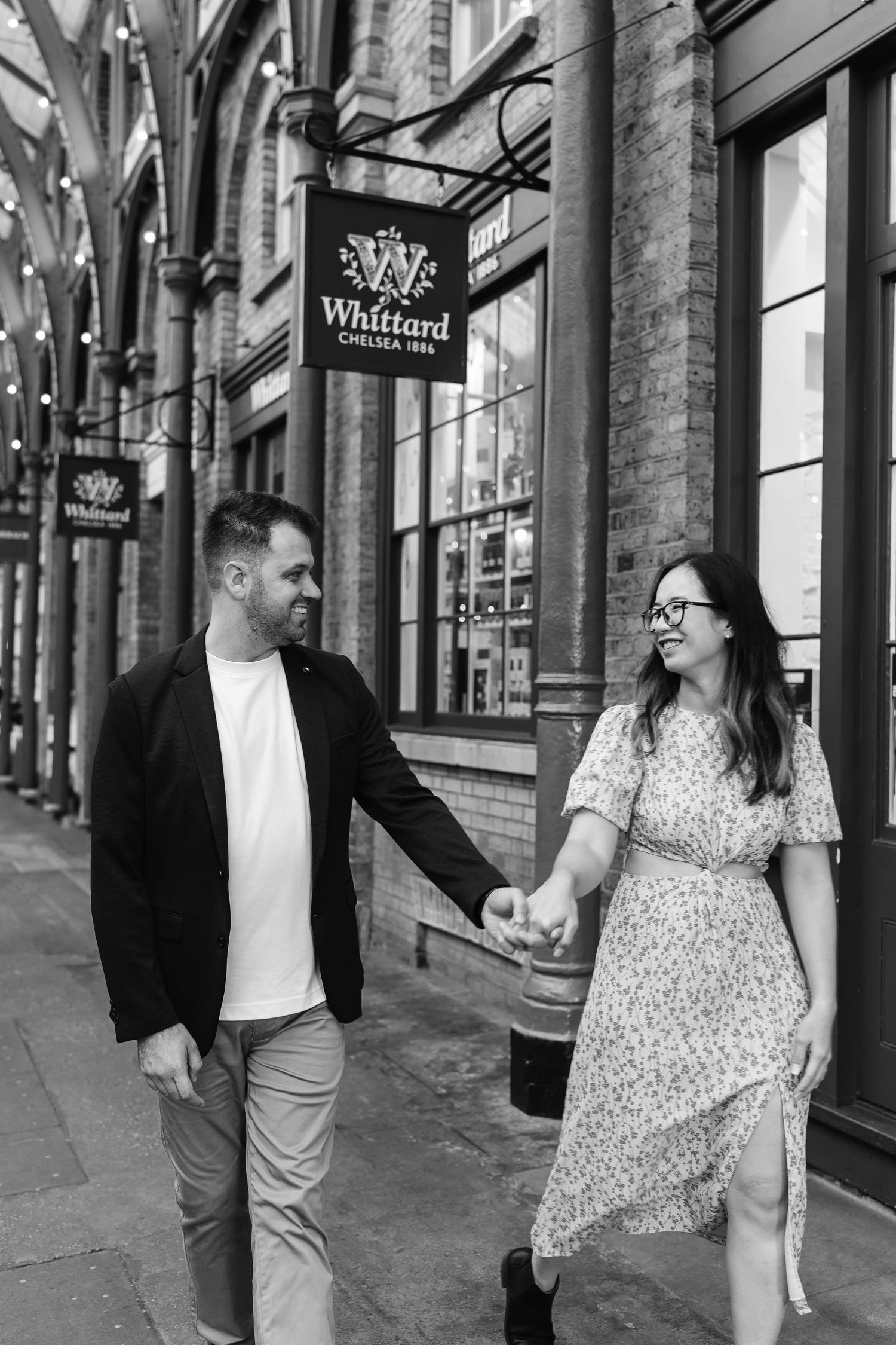 Alitha & James in Londons iconic covent garden in Spring for their exciting Engagement / Pre-Wedding photoshoot engagement ring