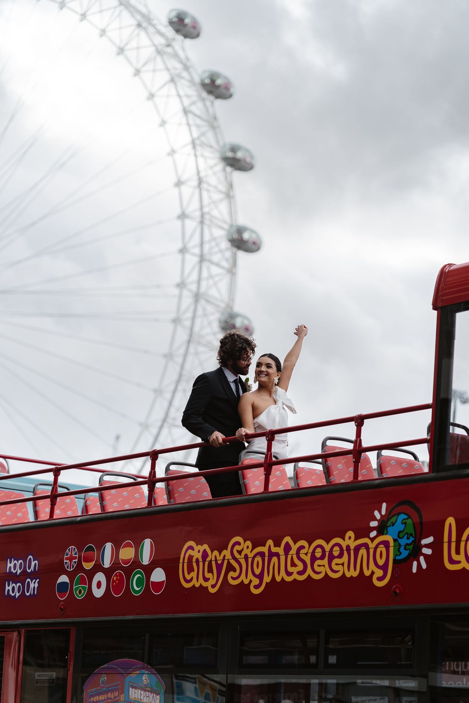 Couple Wedding Elopement. Iconic London buildings. London Eye. Double Decker Red Bus. London Wedding photographer