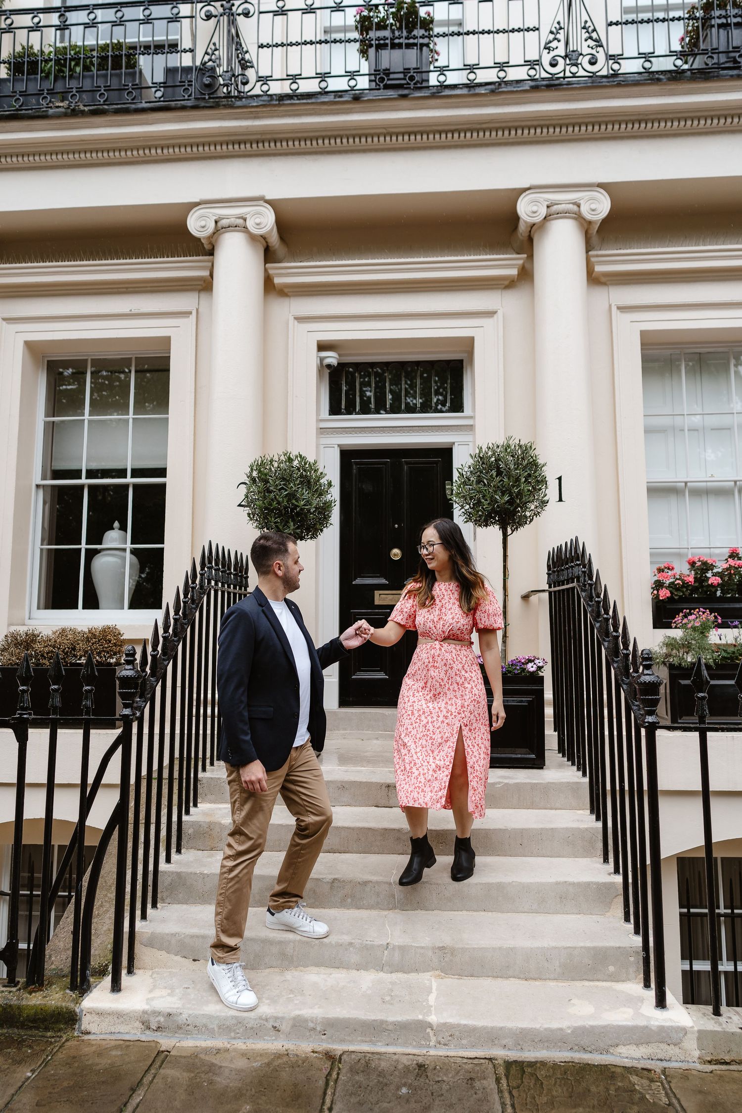 Alitha & James in Londons iconic park crescent luxury in Spring for their exciting Engagement / Pre-Wedding photoshoot engagement ring