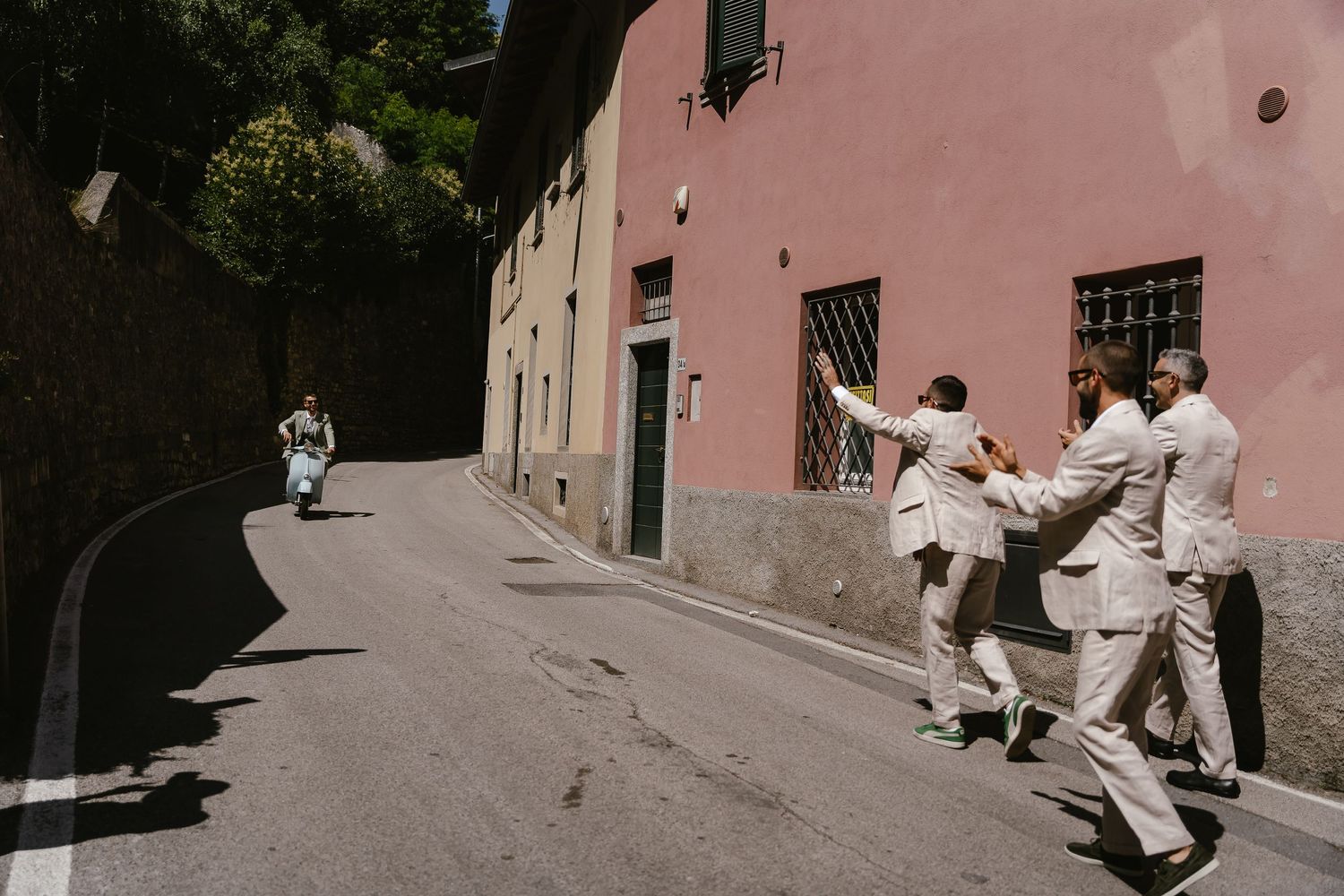 Groom and Vespa Lake Como. Villa Guilia Wedding Venue. Lake Como Wedding Photographer. Destination Wedding Photographer