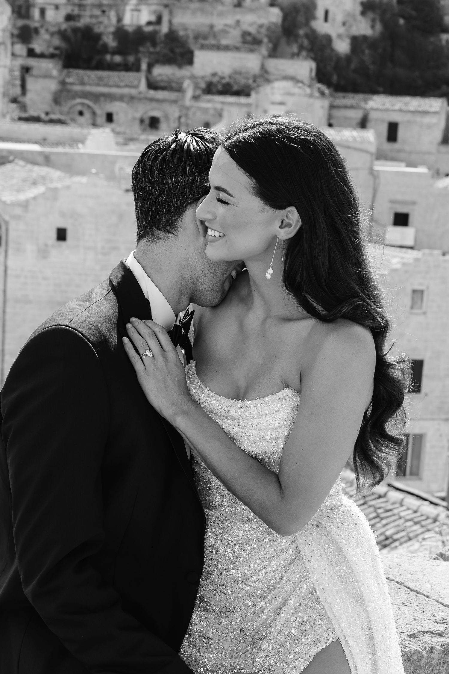 B&W romantic embrace sharing a special moment. Destination Elopement Italy