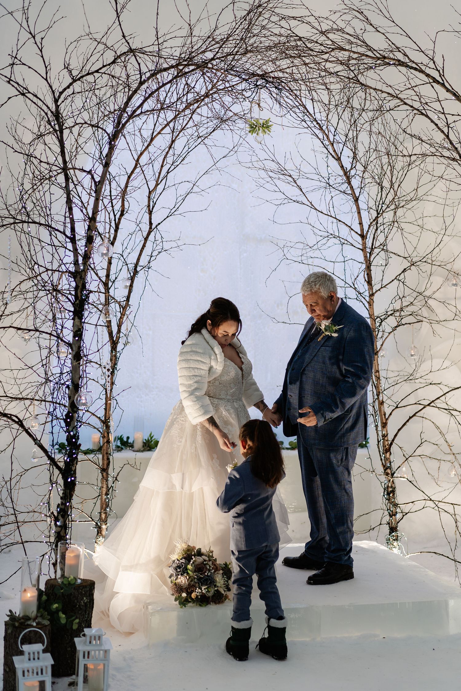Best man ceremony-luxury wedding at Snow Chapel, Northern Lights Village, Levi. Lapland Wedding Photographer. Love in Lapland