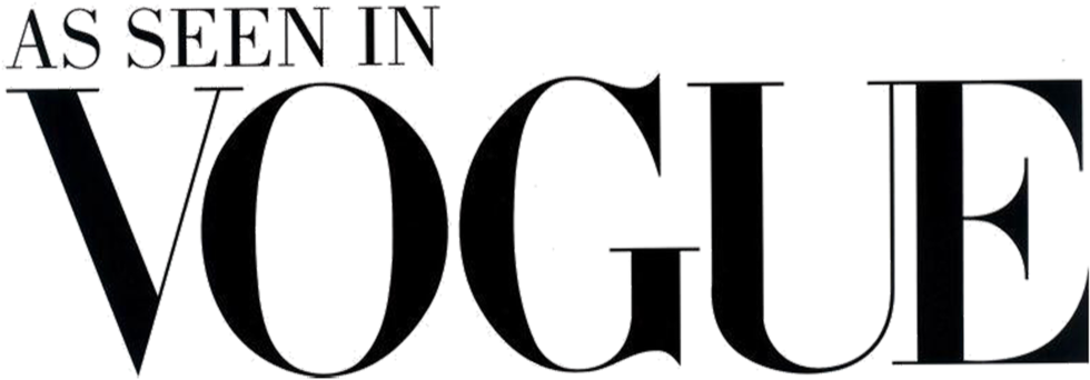 As Seen In Vogue magazine logo in bold black serif typography on white background.