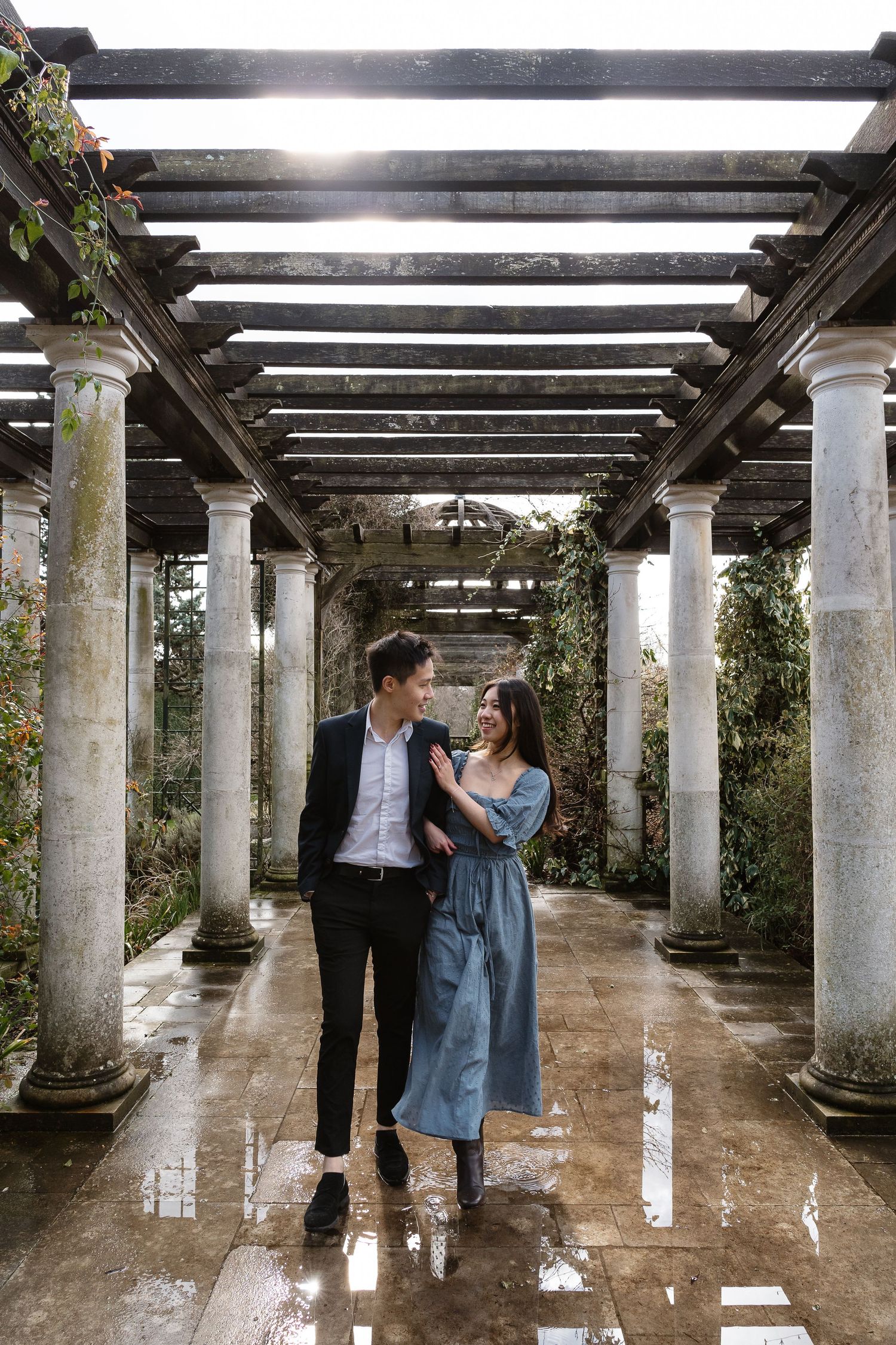 A relaxing stroll and chat through the puddles pergola Hampstead Heath London venue photographer