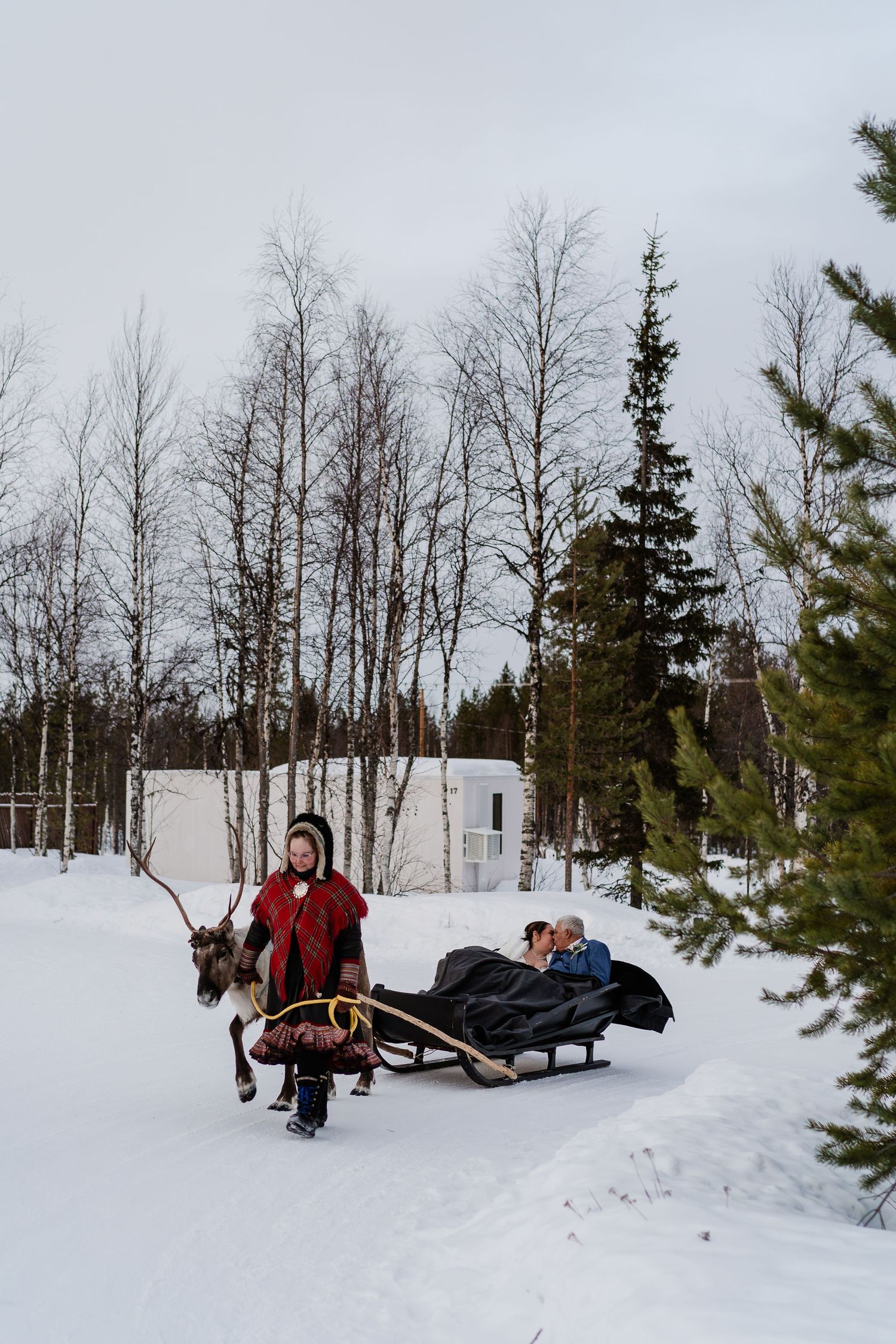 Reindeer sleigh ride on wedding day in Lapland. Eloping in Lapland. Marry in Lapland. Unique Wedding Experience in Lapland.