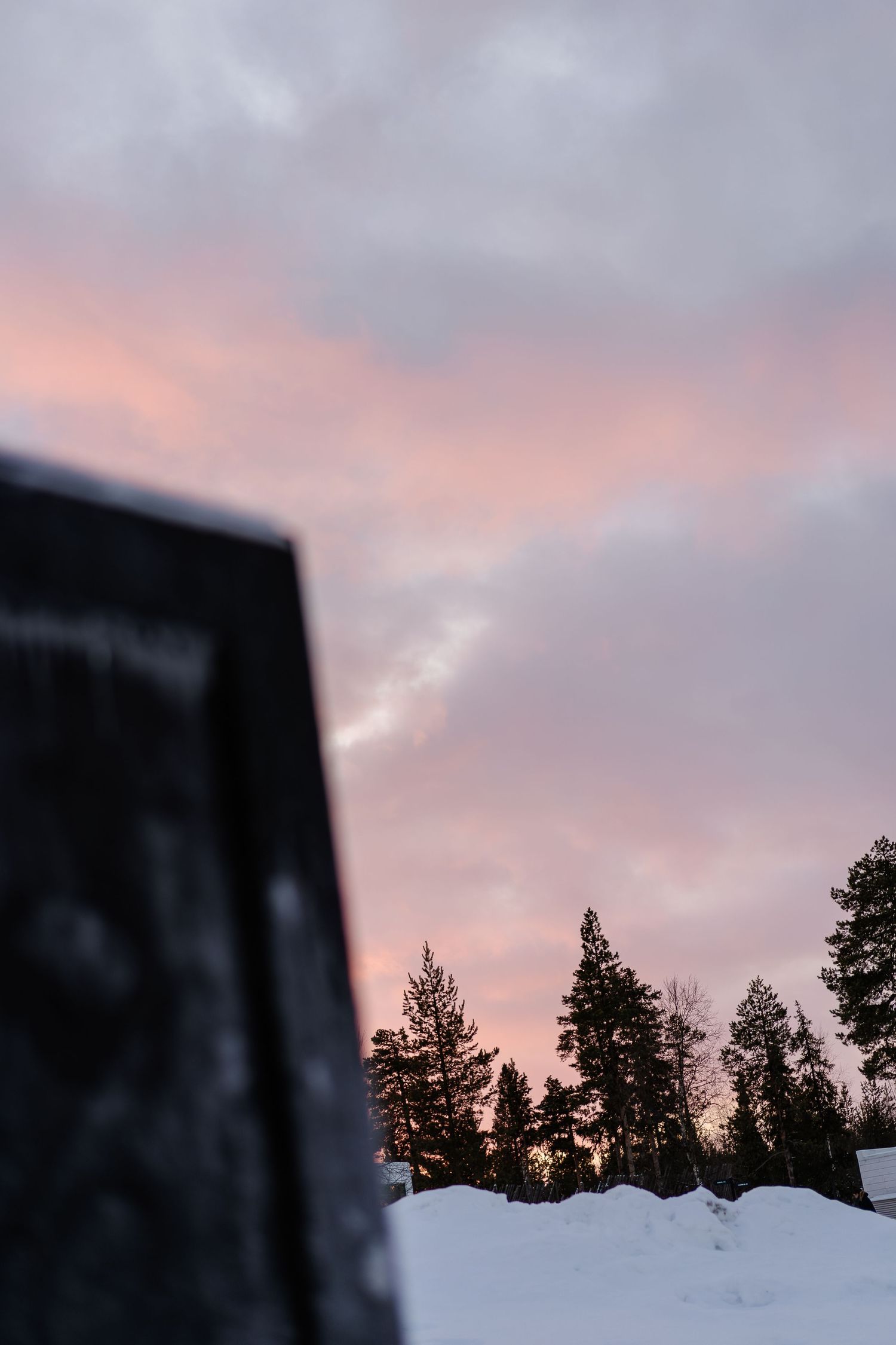 Pink skies and snow-covered pine trees at Snow Chapel, Levi. Luxury Lapland wedding photographer. Snow wedding. Mountain Wedding.