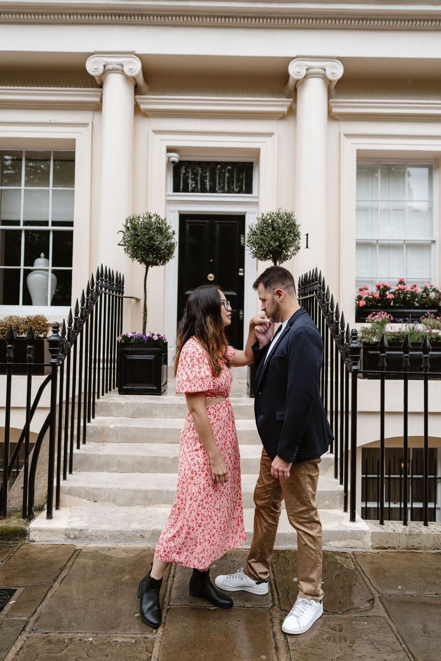 Alitha & James in Londons iconic park crescent luxury in Spring for their exciting Engagement / Pre-Wedding photoshoot engagement ring