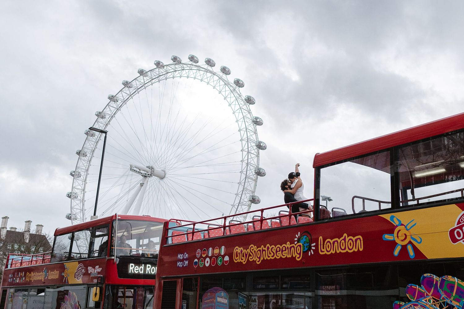 Couple Wedding Elopement. Iconic London buildings. London Eye. Double Decker Red Bus. London Wedding photographer