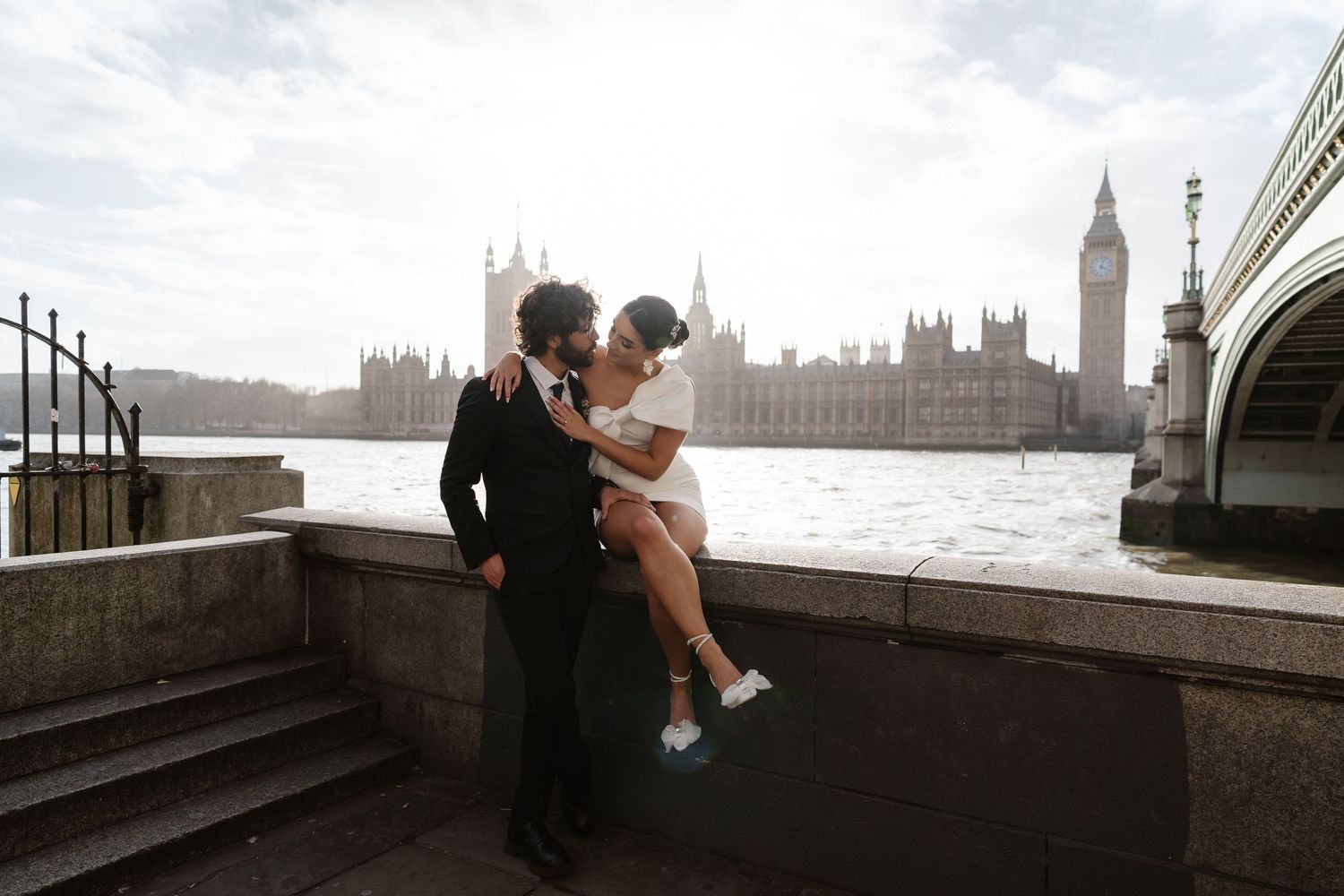 Wedding elopement London. Relaxed,Natural wedding photos Big Ben & Westminster River Thames. London Wedding photographer