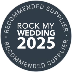 Rock My Wedding 2025 Recommended Supplier official circular badge in dark navy blue and white.