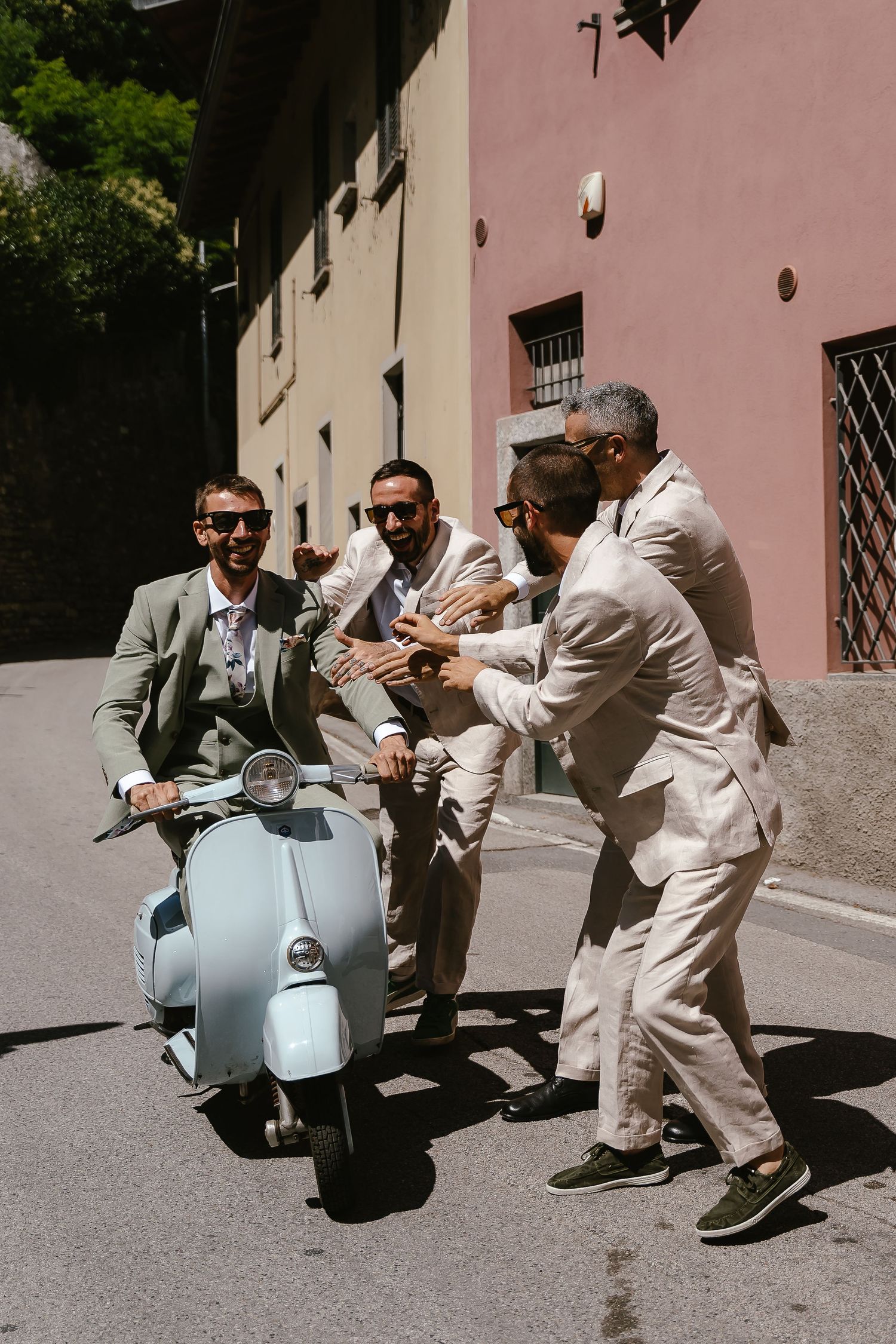 Groom and Vespa Lake Como. Villa Guilia Wedding Venue. Lake Como Wedding Photographer. Destination Wedding Photographer