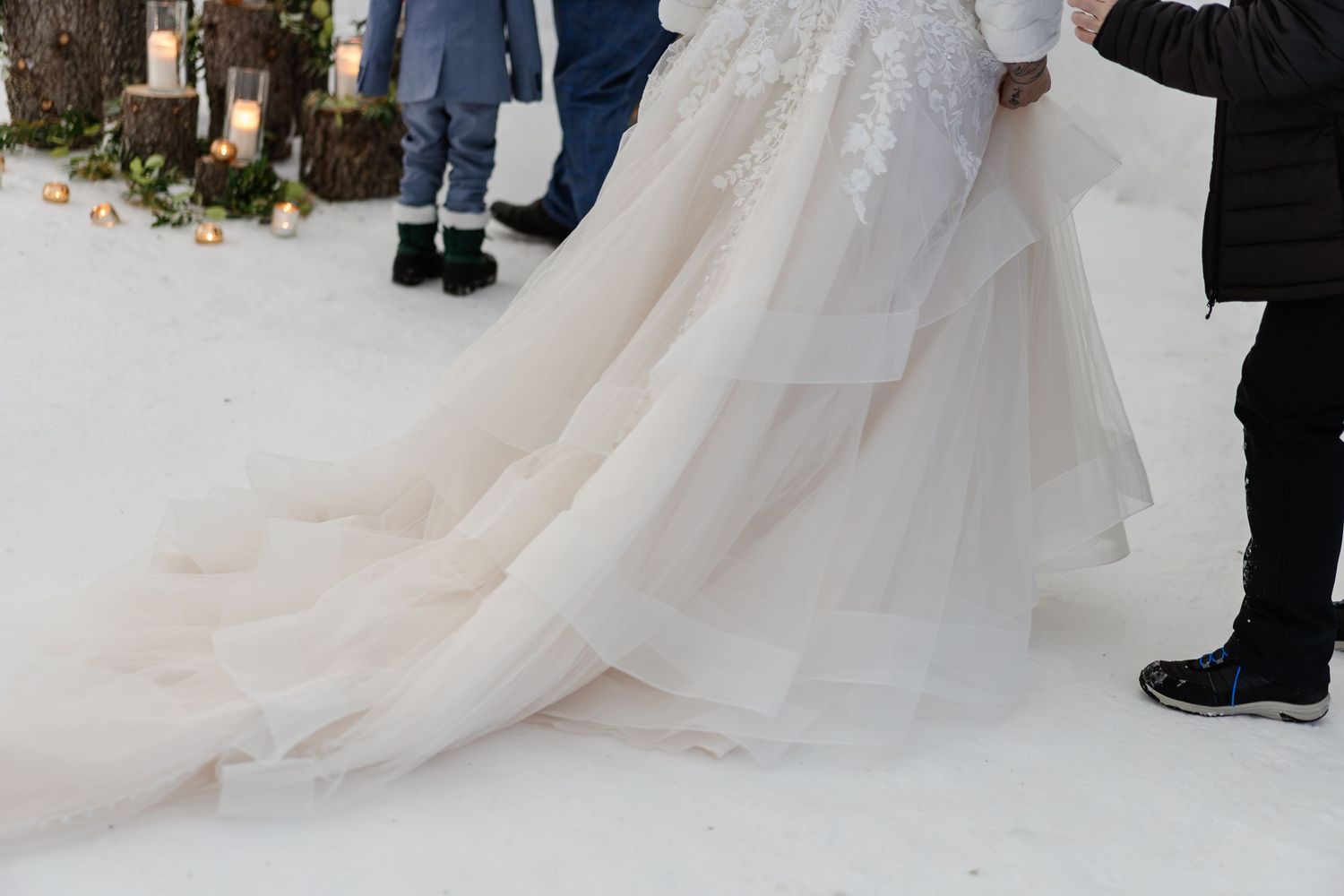 Wedding dress wedding ceremony-luxury wedding at Snow Chapel, Northern Lights Village, Levi. Lapland Wedding Photographer. Love in Lapland