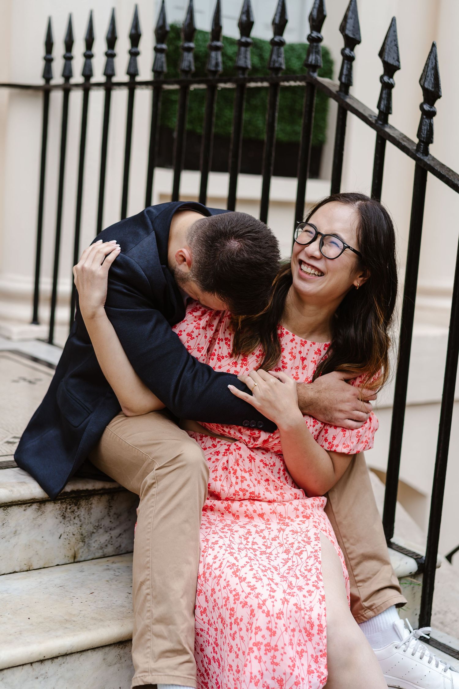 Alitha & James in Londons iconic park crescent luxury in Spring for their exciting Engagement / Pre-Wedding photoshoot engagement ring