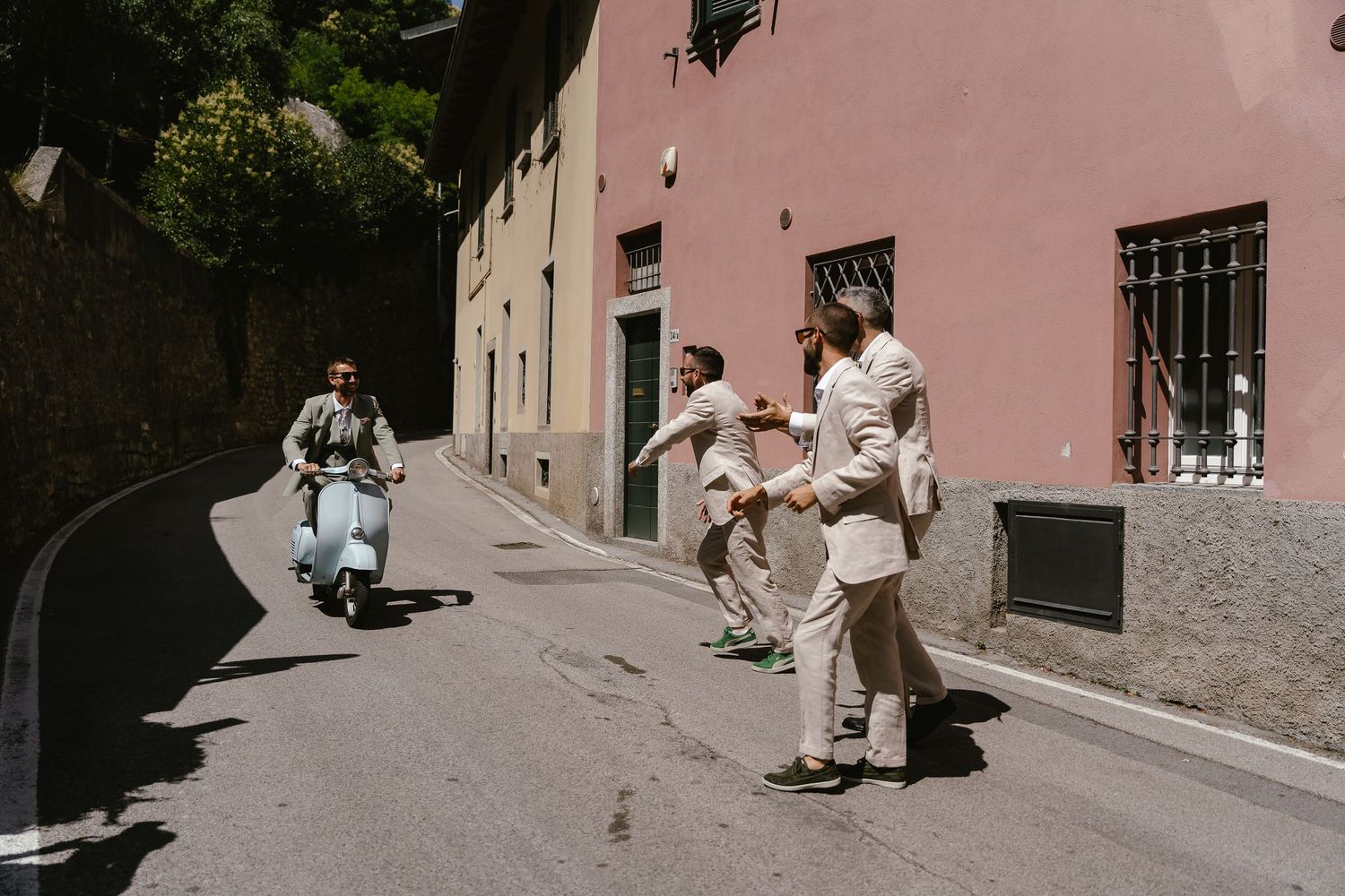 Groom and Vespa Lake Como. Villa Guilia Wedding Venue. Lake Como Wedding Photographer. Destination Wedding Photographer