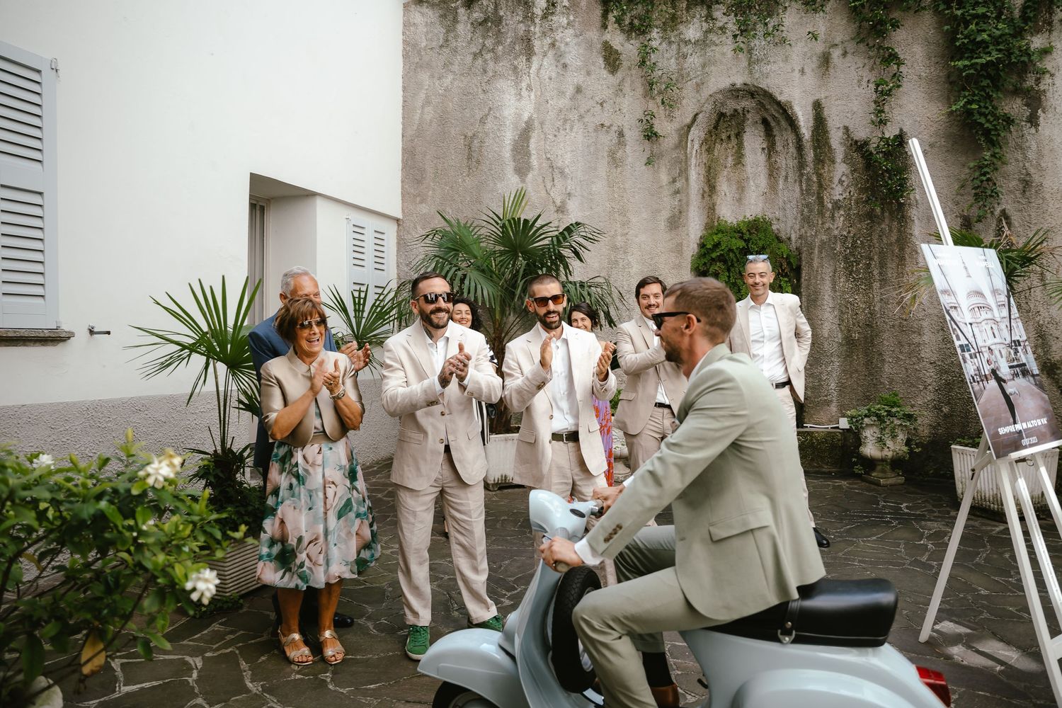 Groom and Vespa Lake Como. Villa Guilia Wedding Venue. Lake Como Wedding Photographer. Destination Wedding Photographer