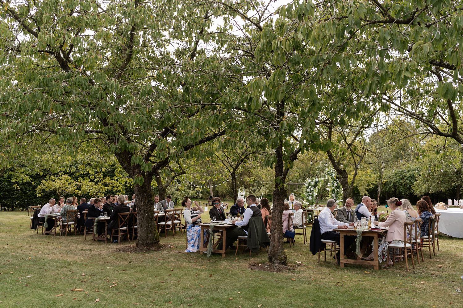 Wedding guests dining at long wooden tables beneath leafy trees at an outdoor garden reception.