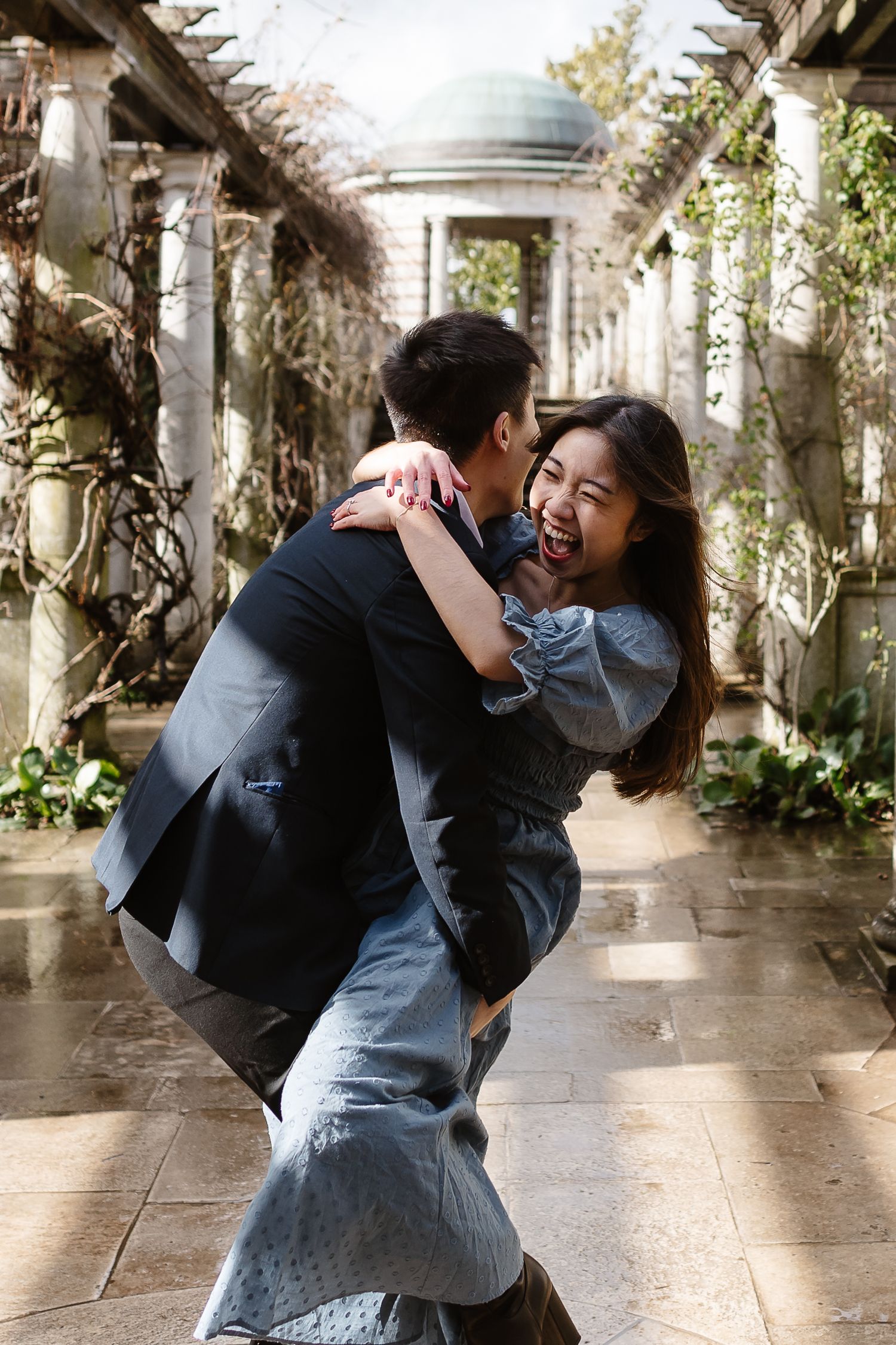 Happy carefree relaxed and fun enjoying their engagement photoshoot, London photographer