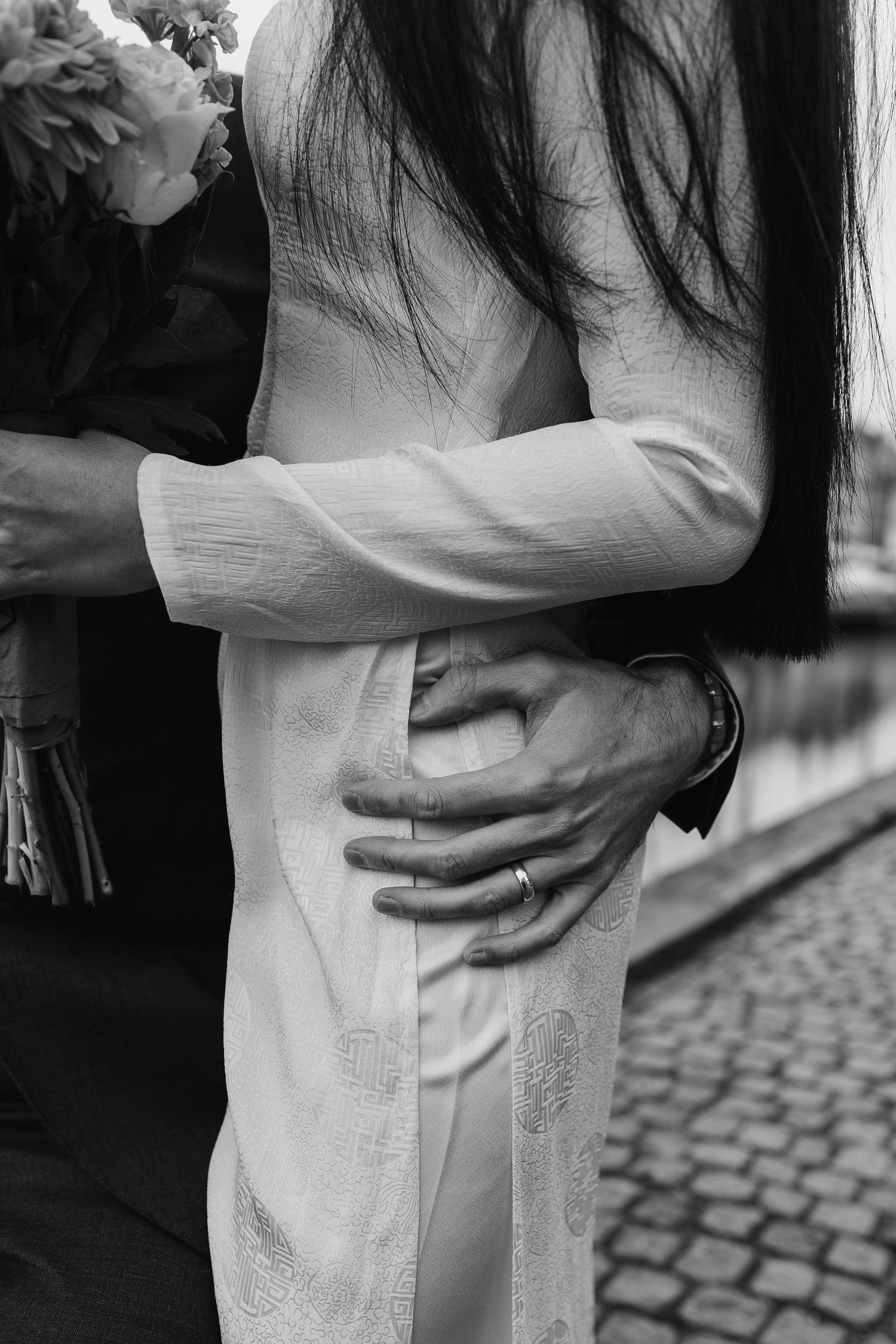 Newlyweds walking along Nyhavn Canal in Copenhagen. Denmark wedding. Scandinavian & Destination Wedding Photographer
