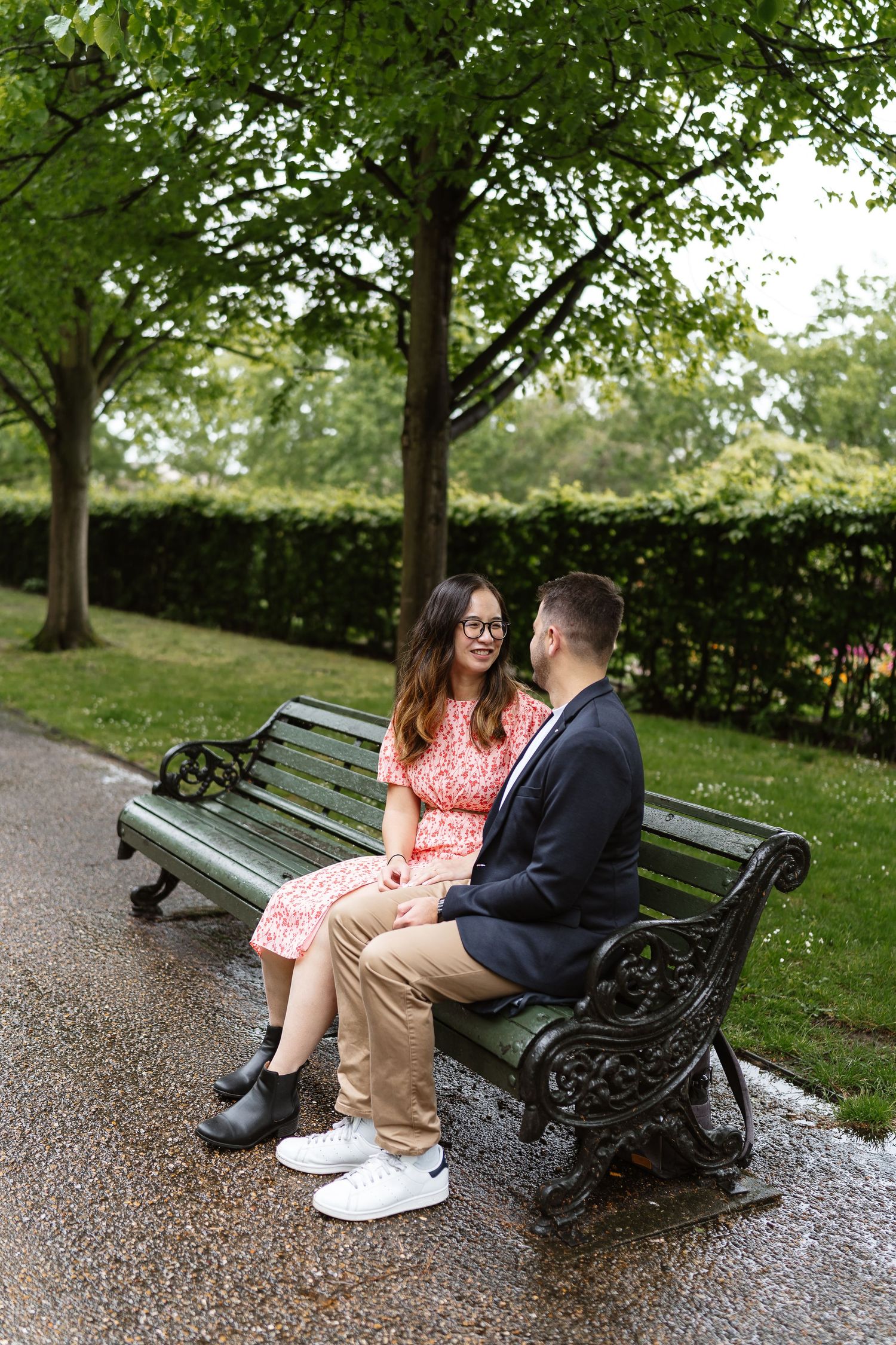 Alitha & James in Londons luxury regents park gardens in Spring for their exciting Engagement photoshoot engagement ring romantic