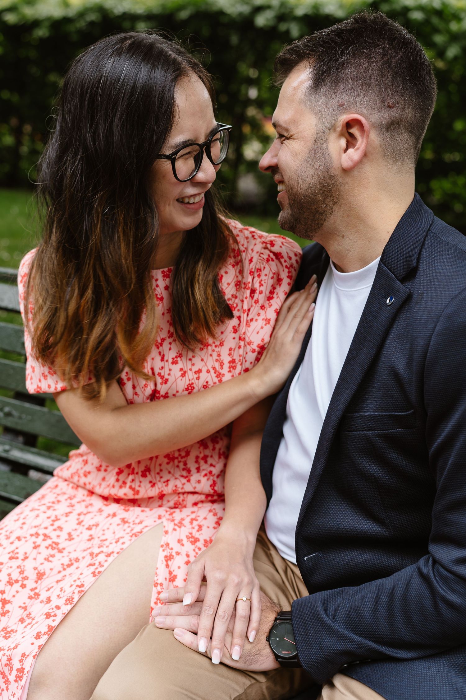 Alitha & James in Londons luxury regents park gardens in Spring for their exciting Engagement / Pre-Wedding photoshoot engagement ring