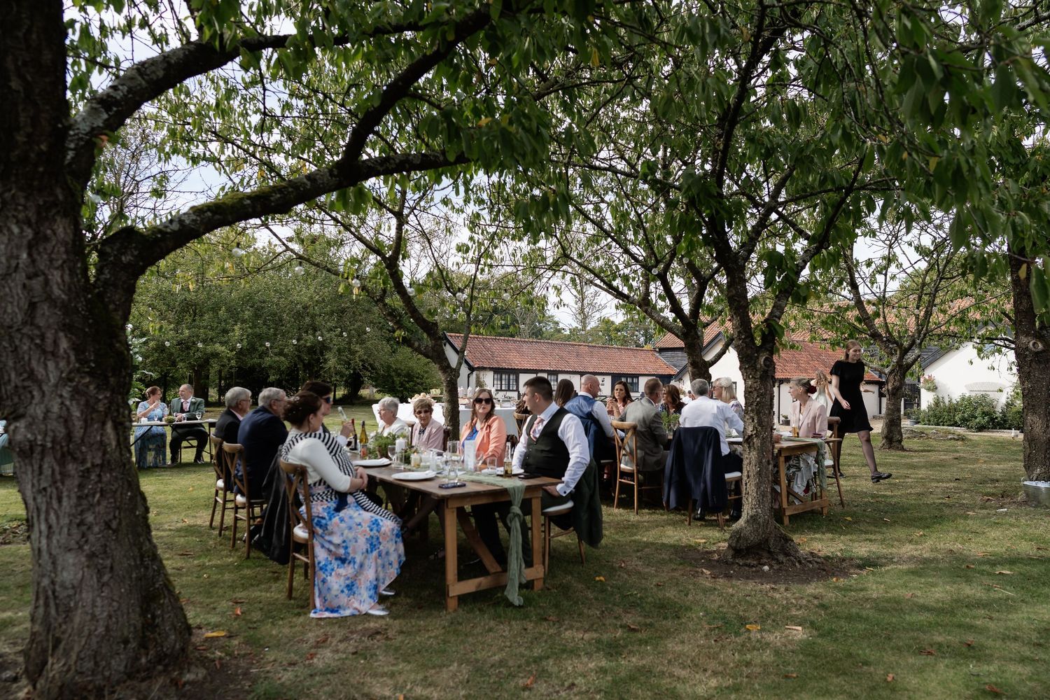 Wedding guests gathered at rustic wooden tables for an outdoor reception beneath mature orchard trees.