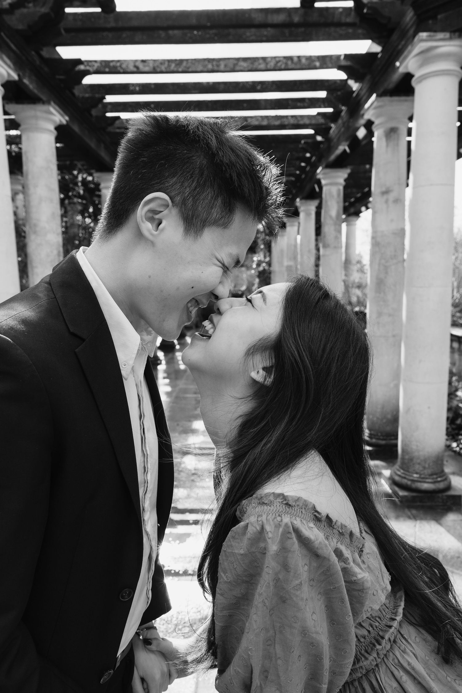Happy black & white natural couple Hampstead heath pergola love photographing in London