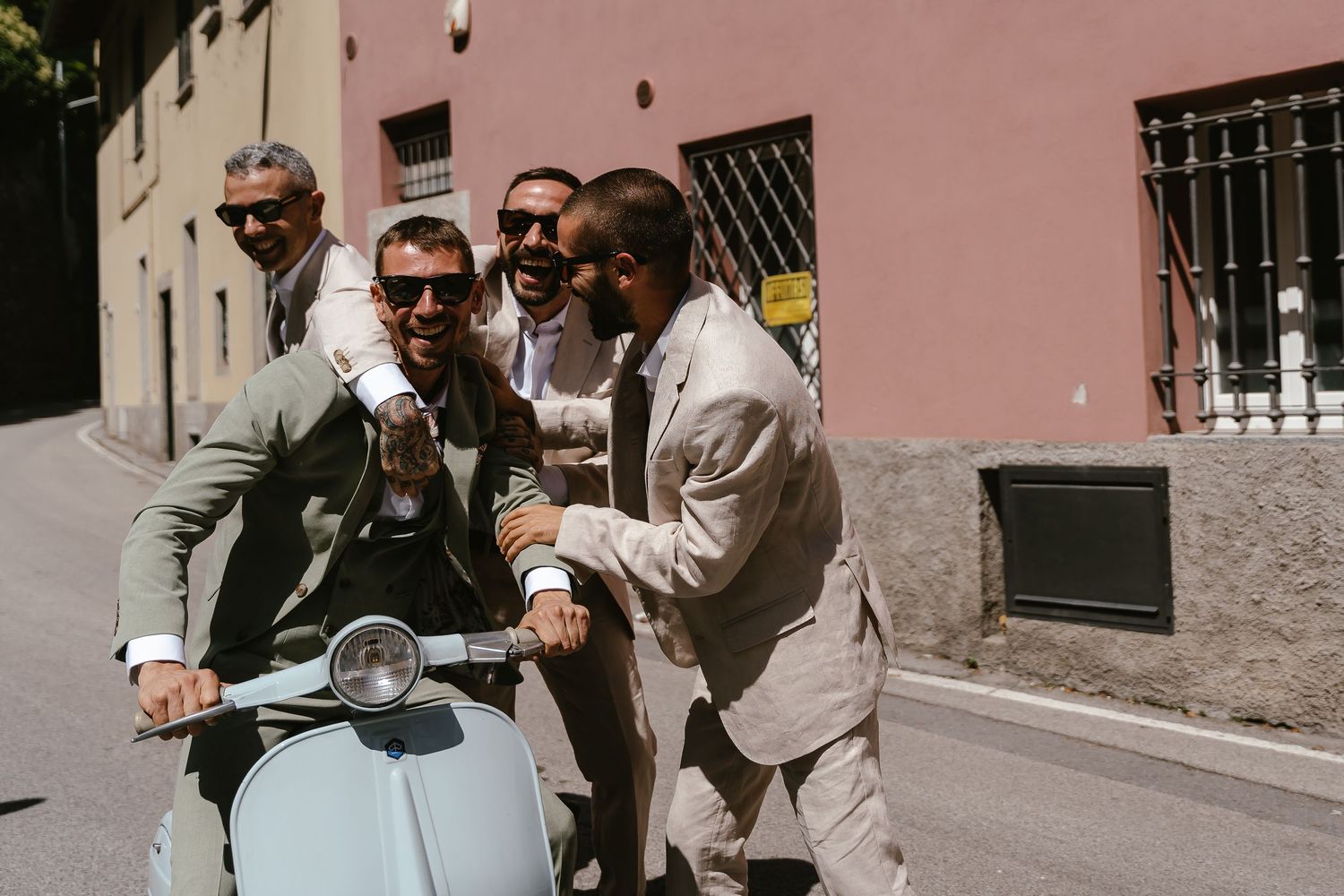 Groom and Vespa Lake Como. Villa Guilia Wedding Venue. Lake Como Wedding Photographer. Destination Wedding Photographer