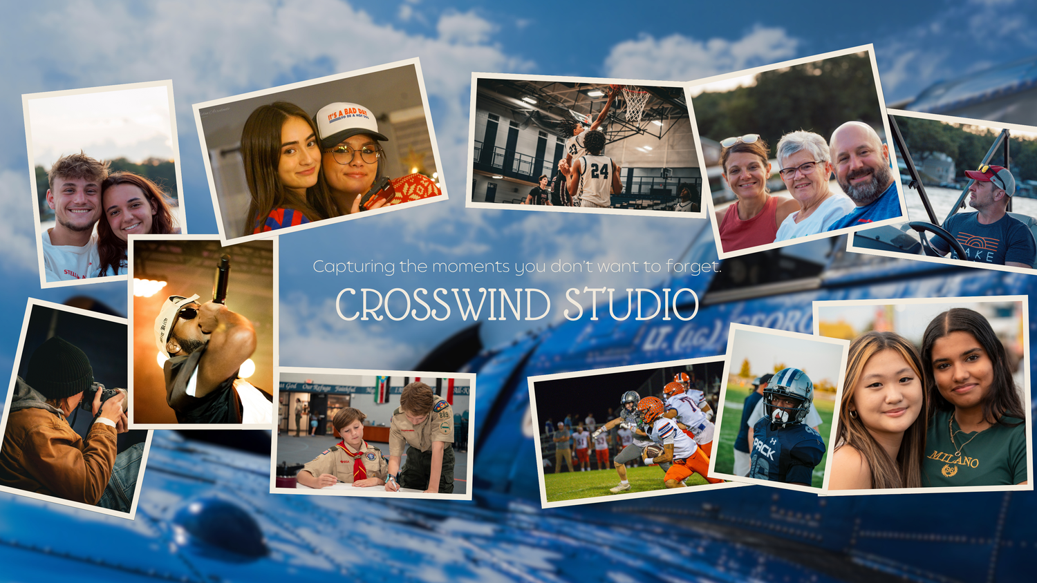 Crosswind Studio photography collage showcasing diverse portrait and event photography samples.