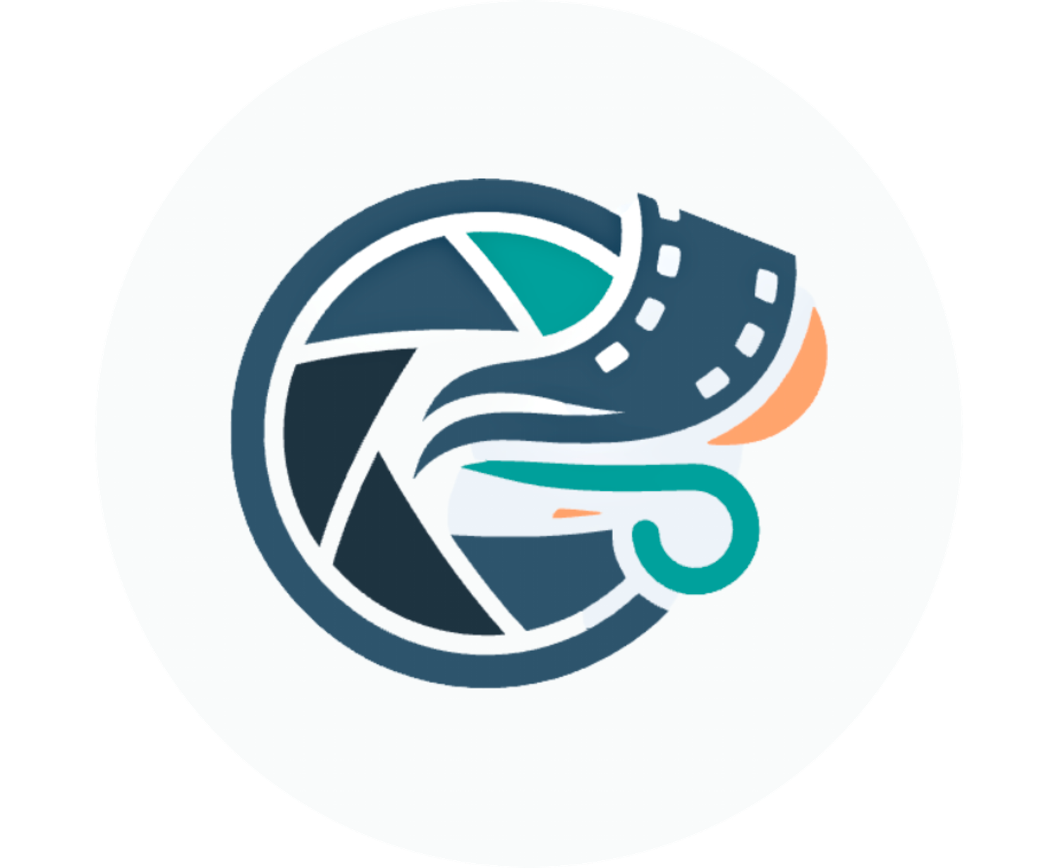 Creative logo combining a camera shutter aperture with a chameleon, featuring teal, orange, and dark blue colors.