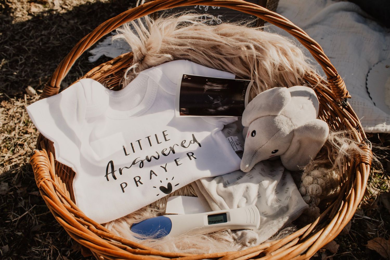 A baby gift basket containing onesie, stuffed elephant and other newborn items.