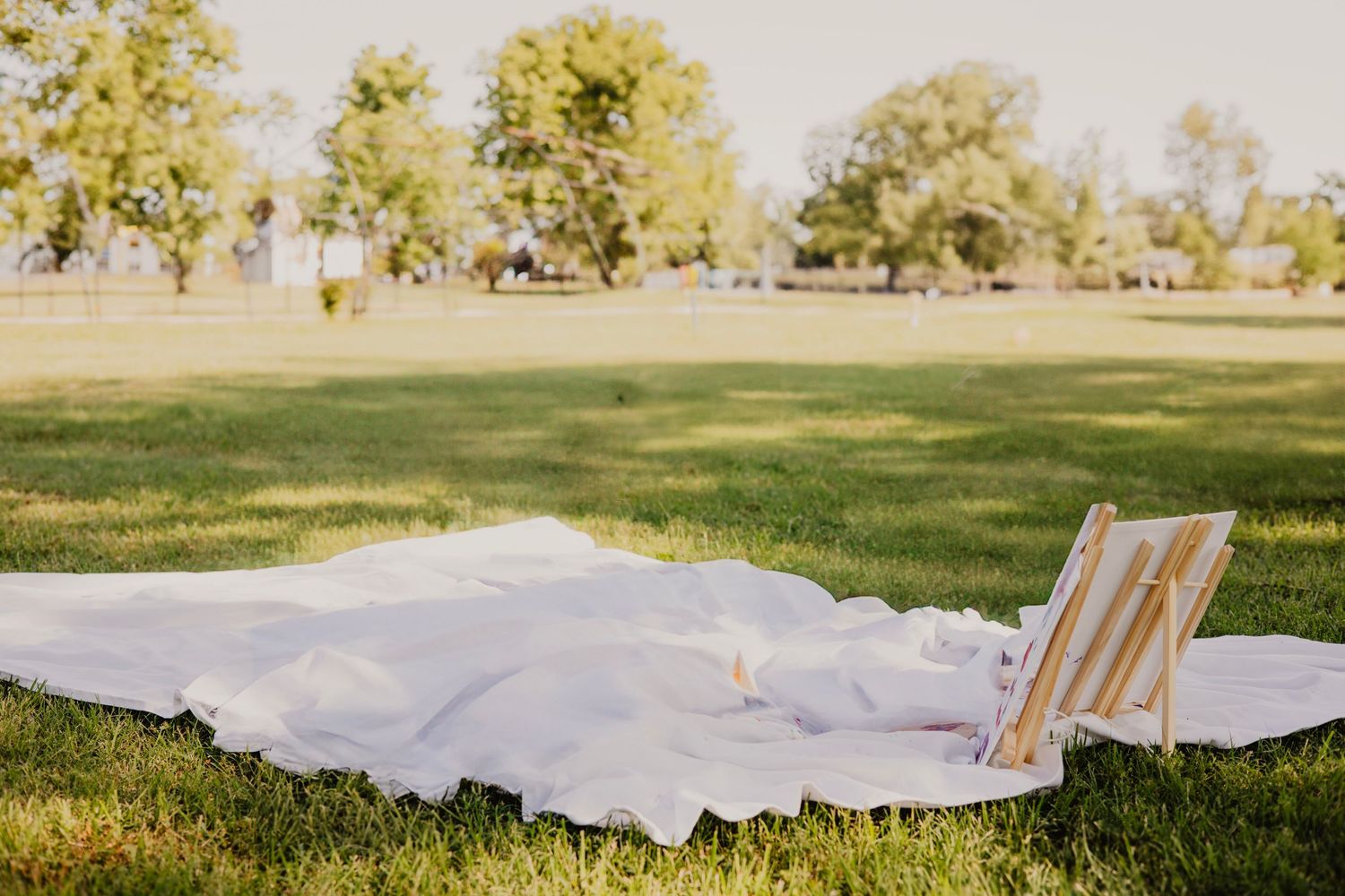 A series of white fabric panels arranged in a row on green grass in a park setting during daytime.