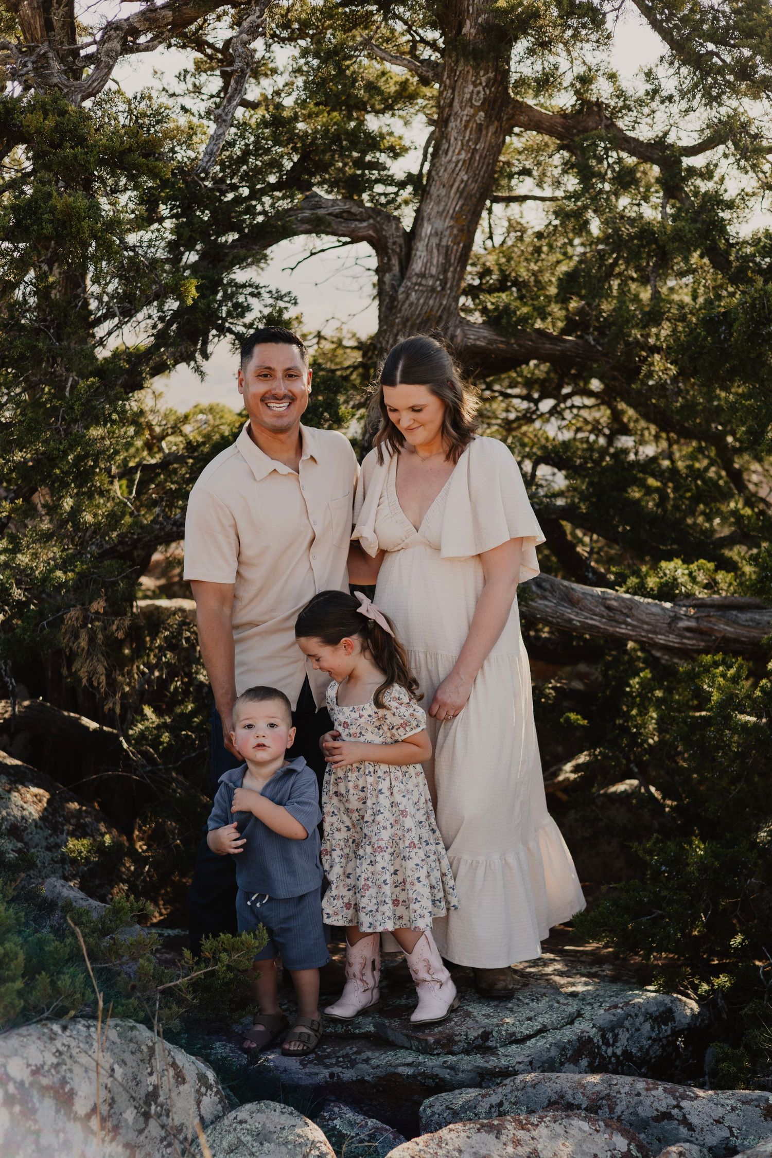 Smiling family of four with pregnant mother poses on rocks surrounded by trees in warm golden light.