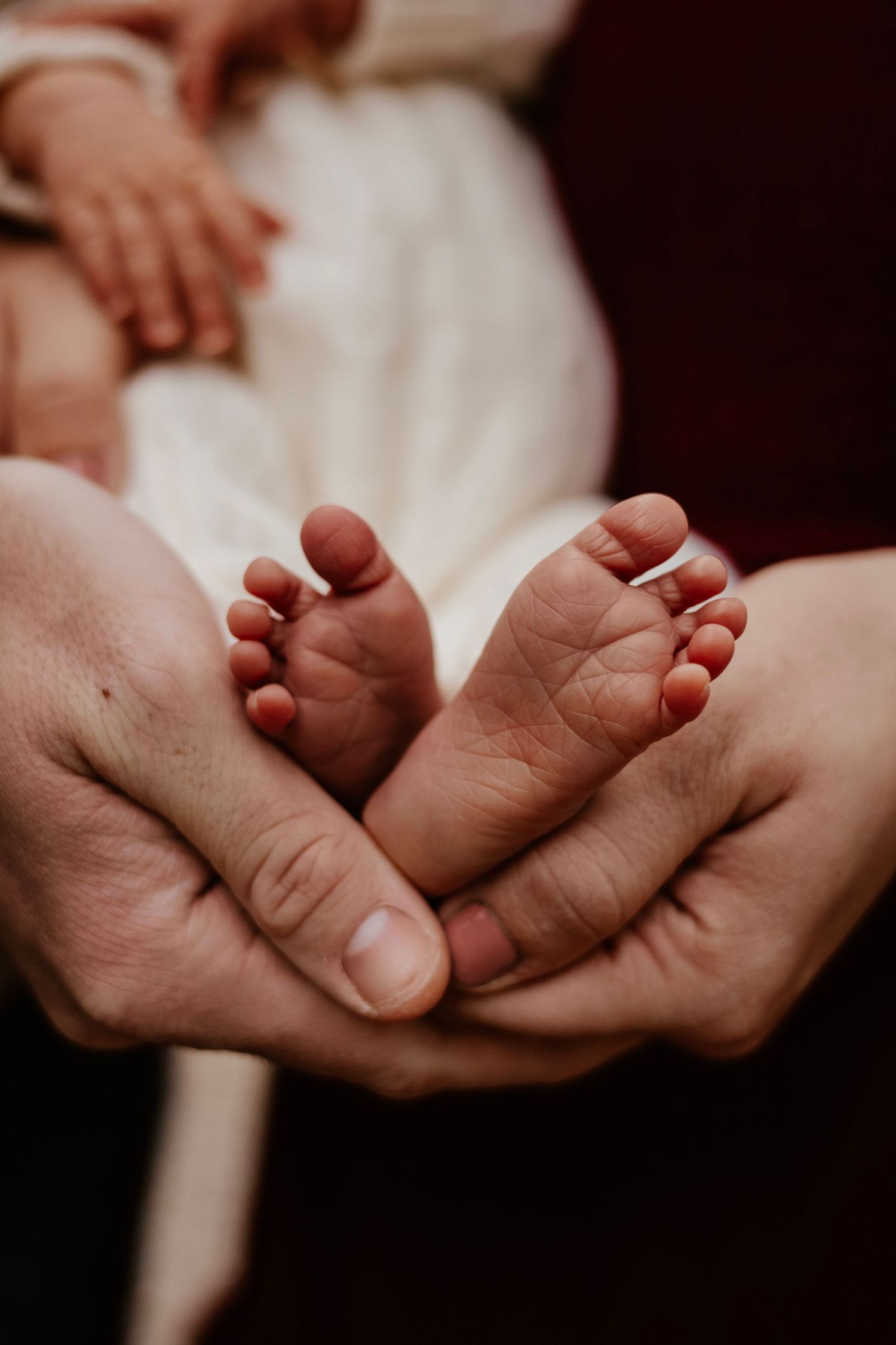 Close-up series of tiny baby feet being cradled in adult hands.