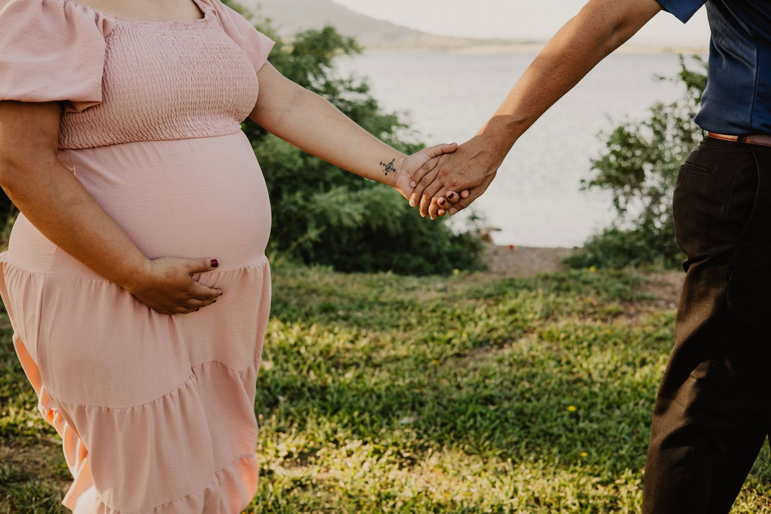 A tender moment captured showing joined hands and a baby bump in a scenic outdoor setting.