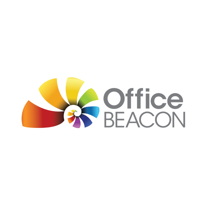 Office Beacon company logo featuring a colorful spiral design on a white background.