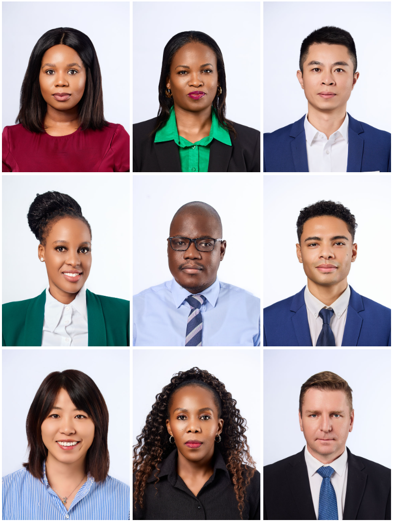 A collage of nine diverse professional headshots featuring men and women of various ethnicities in formal business attire.