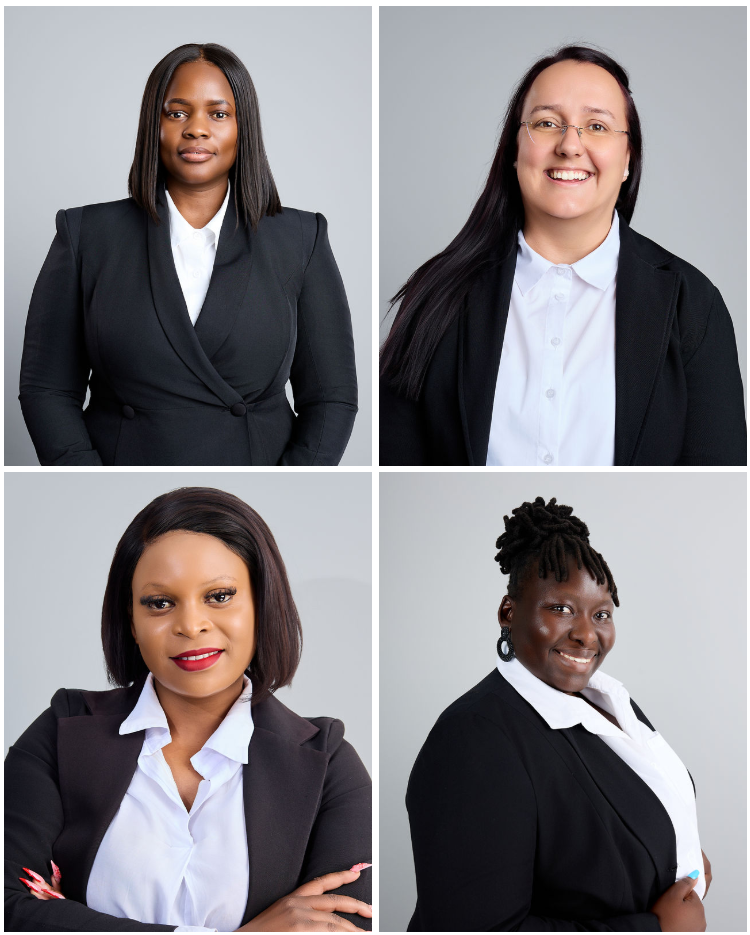 A collage of four professional women in black blazers and white shirts posing for formal business headshots.