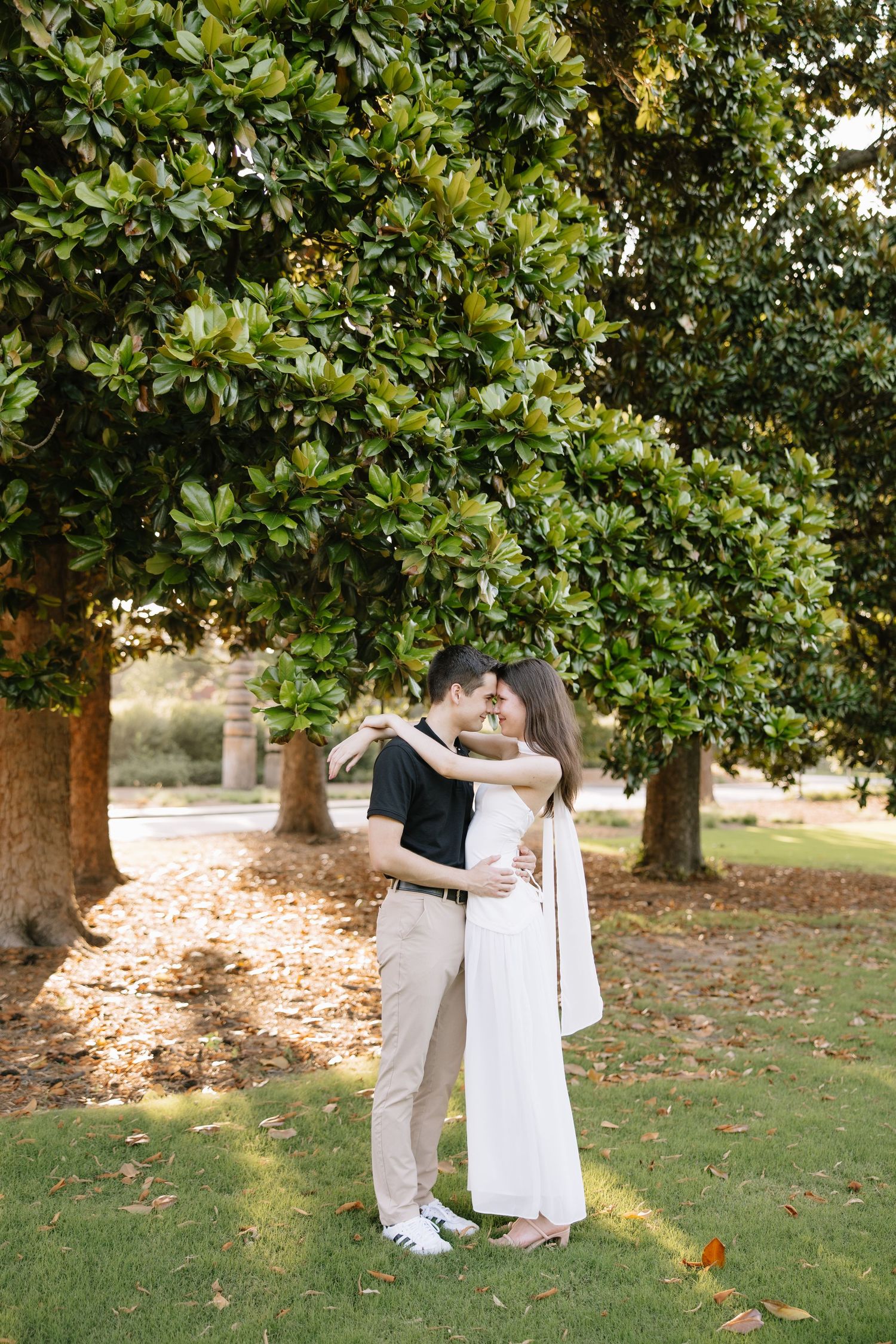 Couple embracing under a large magnolia tree in a lush green park, woman in white dress, man in black shirt.