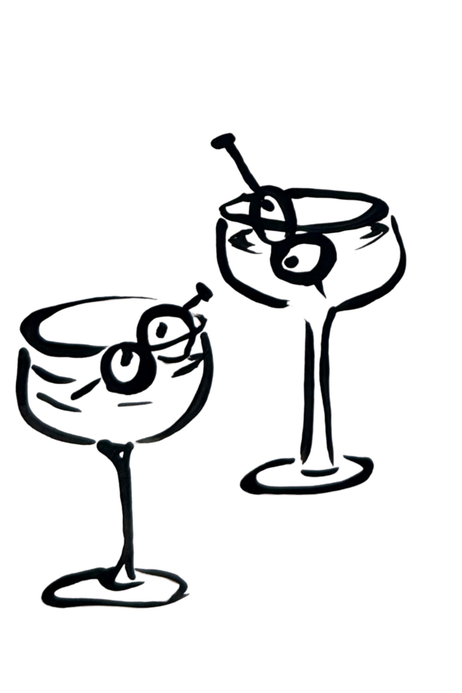Black ink illustration of two martini coupe glasses with olive garnishes in bold brushstroke style.