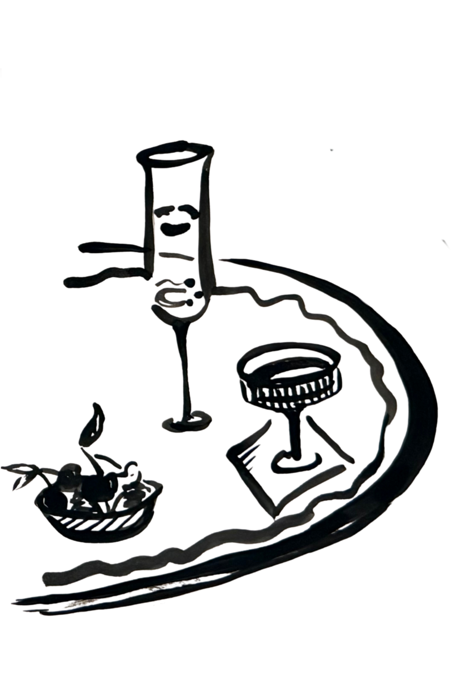 Black ink cartoon illustration of anthropomorphic cocktail glasses and a bowl of olives on a table.