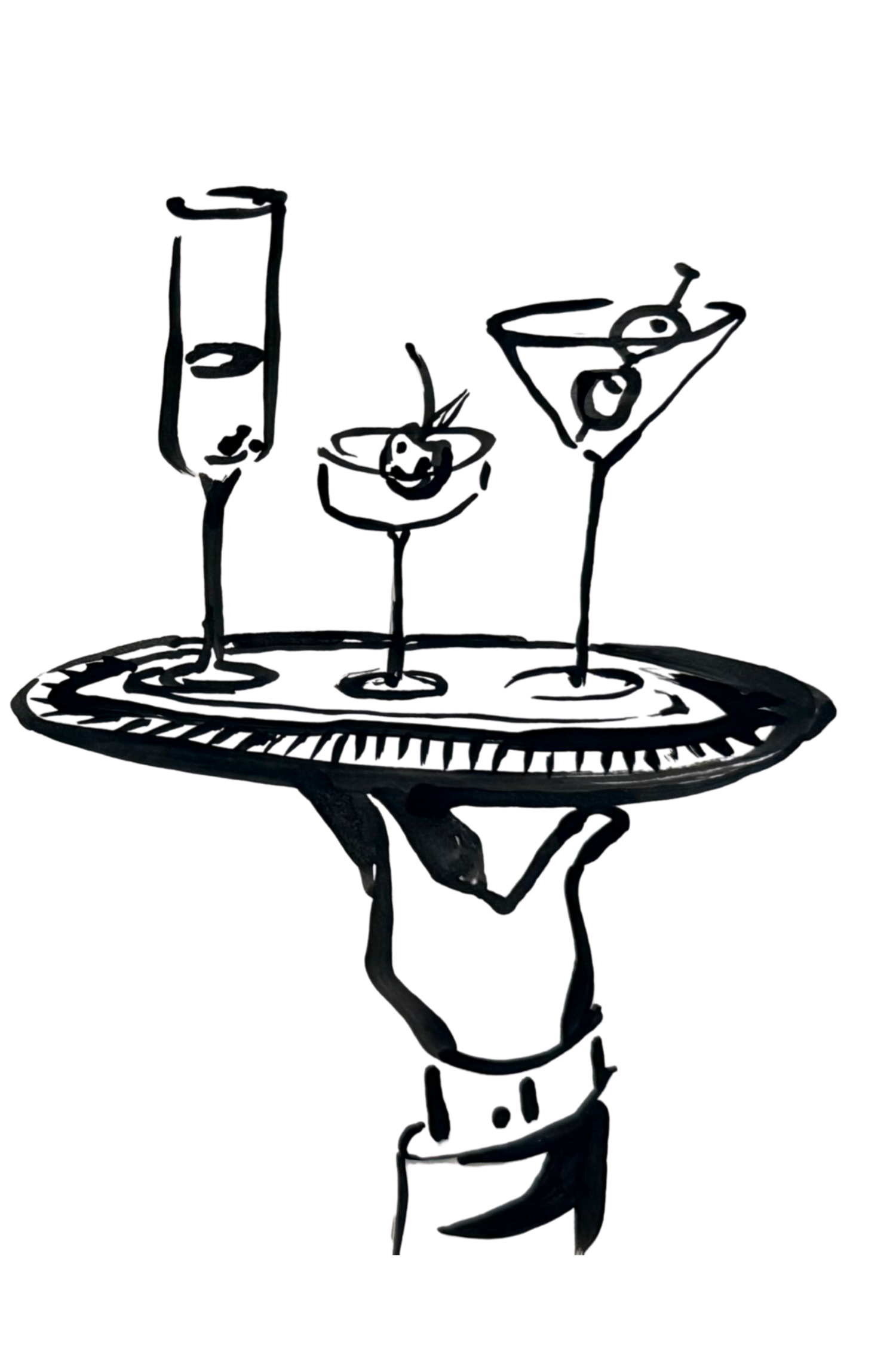 Black ink illustration of a waiter's hand holding a tray with three cocktail glasses and garnishes.