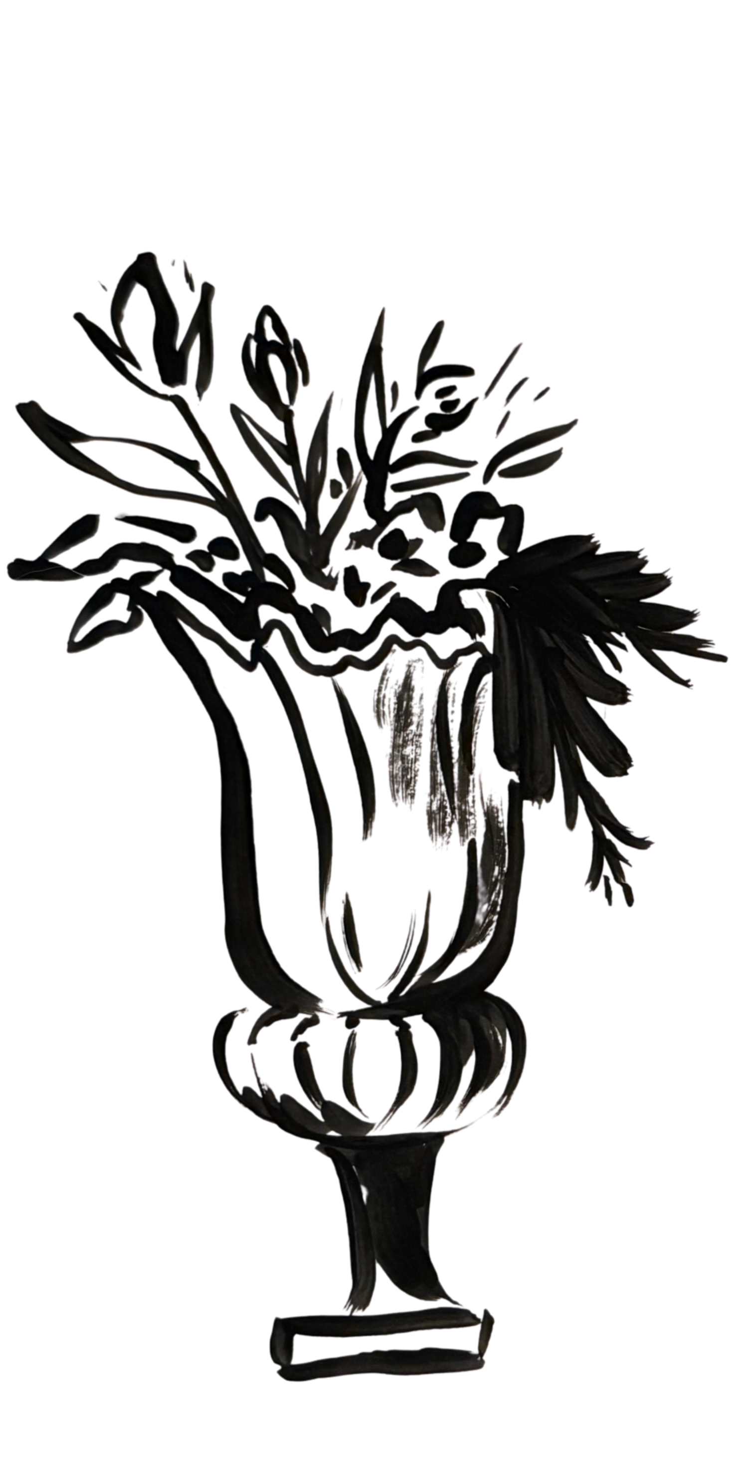 Black ink illustration of a floral arrangement in an ornate urn vase with bold brushstroke style.