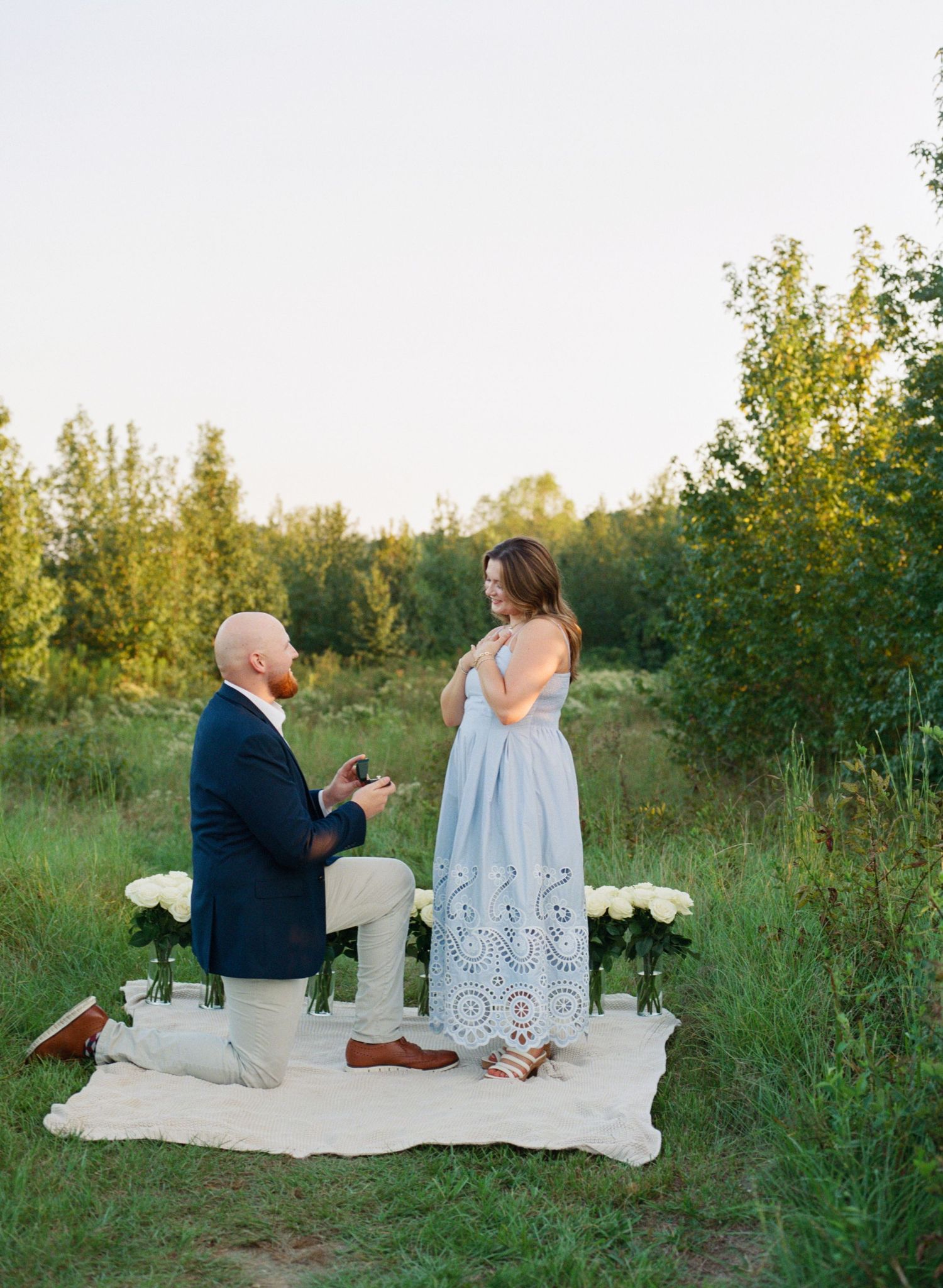 Man proposes on one knee to woman in blue dress on blanket surrounded by white roses in a green field at sunset.