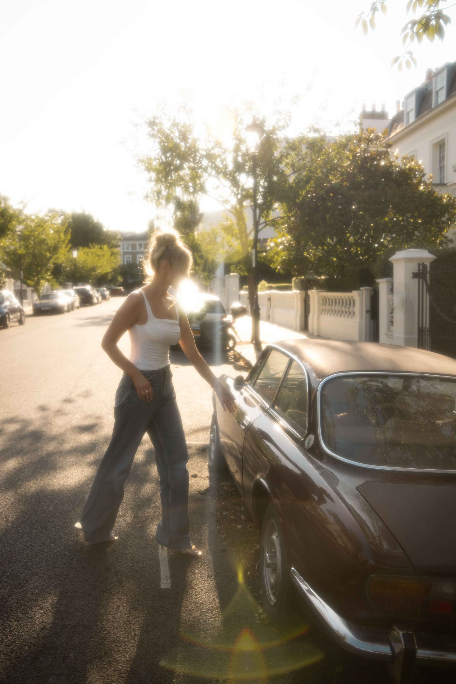 London editorial portrait photoshoot in Notting Hill vintage style with vintage car