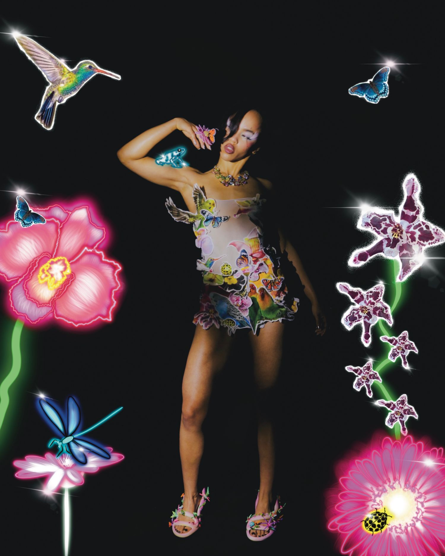 Artistic photo sequence showing glowing neon flowers and butterflies with motion effects against a dark background.